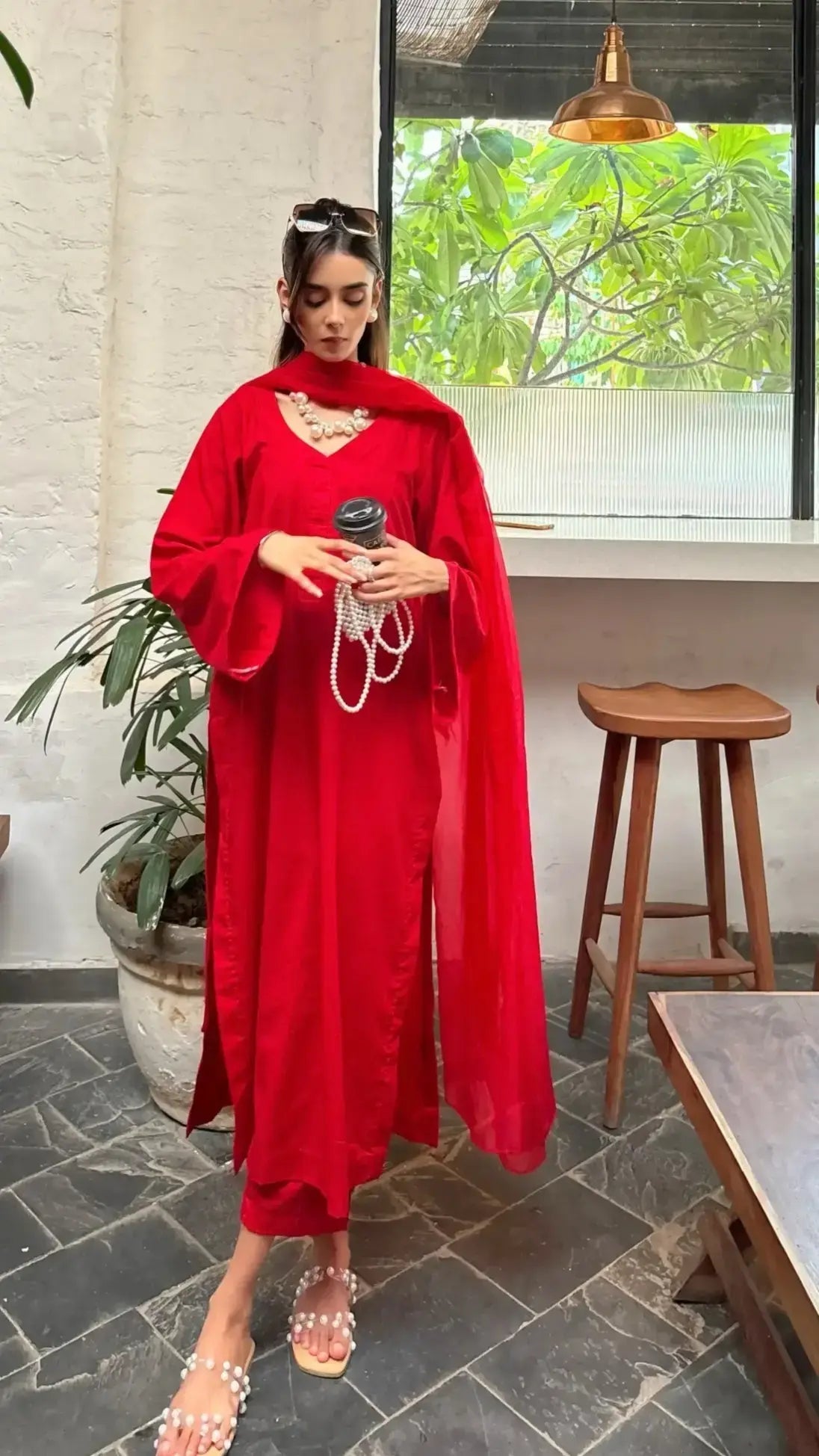 Laila Set in Red in Eastern Fit by Pyoor featuring modal cotton kurta, pants and organza dupatta