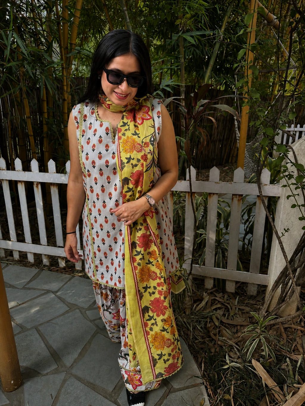 Lia Pastel Blue Farshi Set by Pyoor featuring a pastel blue floral cotton design