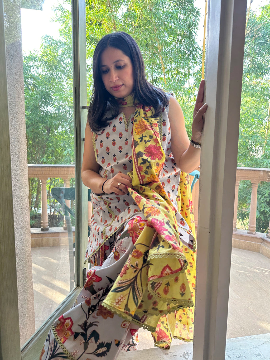 Lia Pastel Blue Farshi Set by Pyoor in a floral cotton fabric with a graceful dupatta