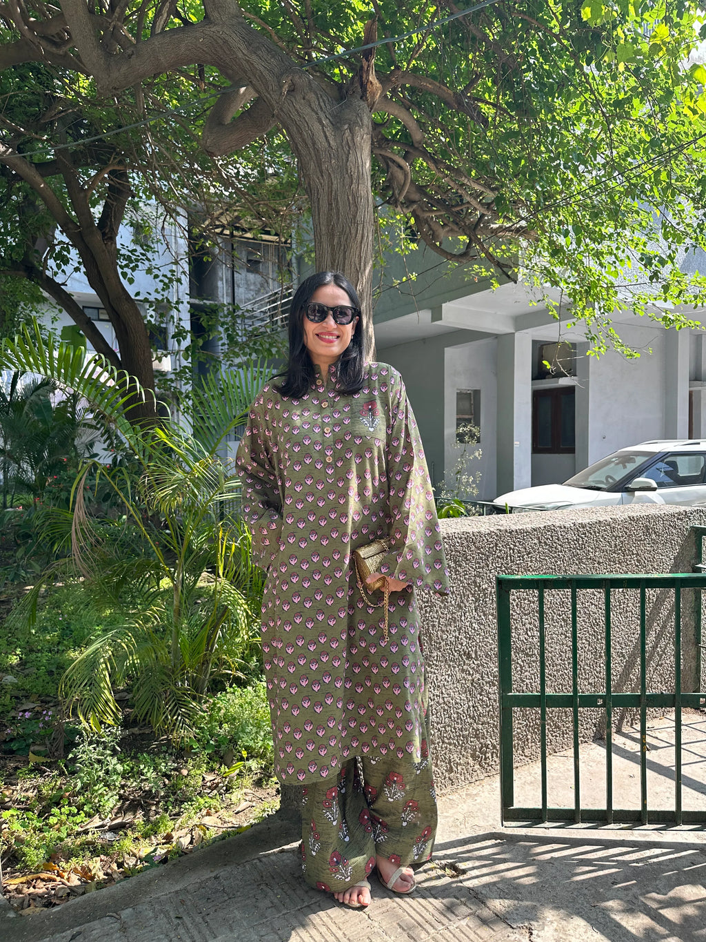 Lisa Oversized fit Farshi Set by Pyoor in soft cotton with mehendi green and red block prints and pockets