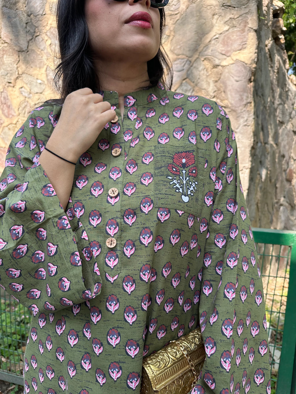 Lisa Oversized fit Farshi Set by Pyoor in light mehendi green with red prints and comfortable oversized fit