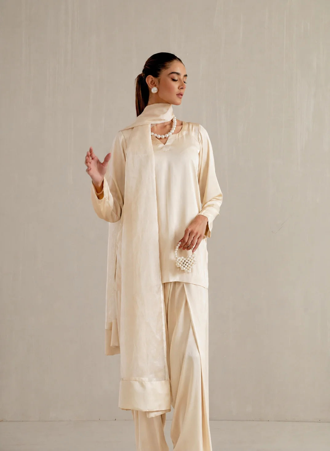 Malai Satin Farshi Set by Pyoor in ivory cream satin with soft feel and organza dupatta