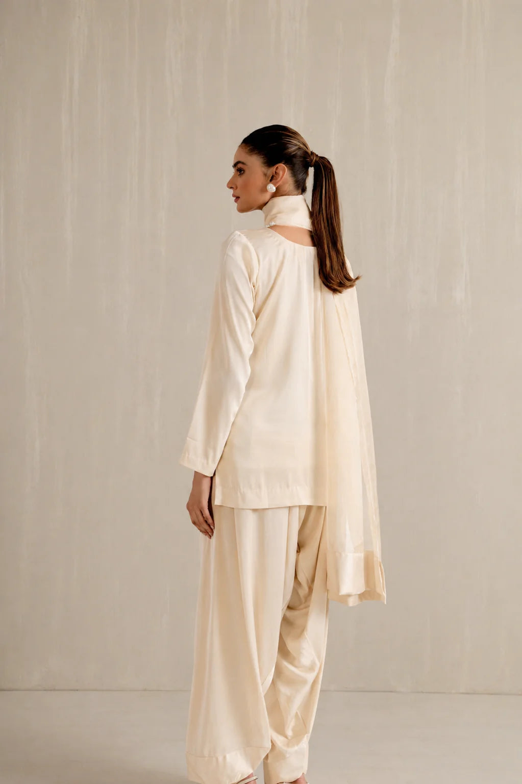 Malai Satin Farshi Set Pyoor ivory satin outfit with elegant organza dupatta for festive wear
