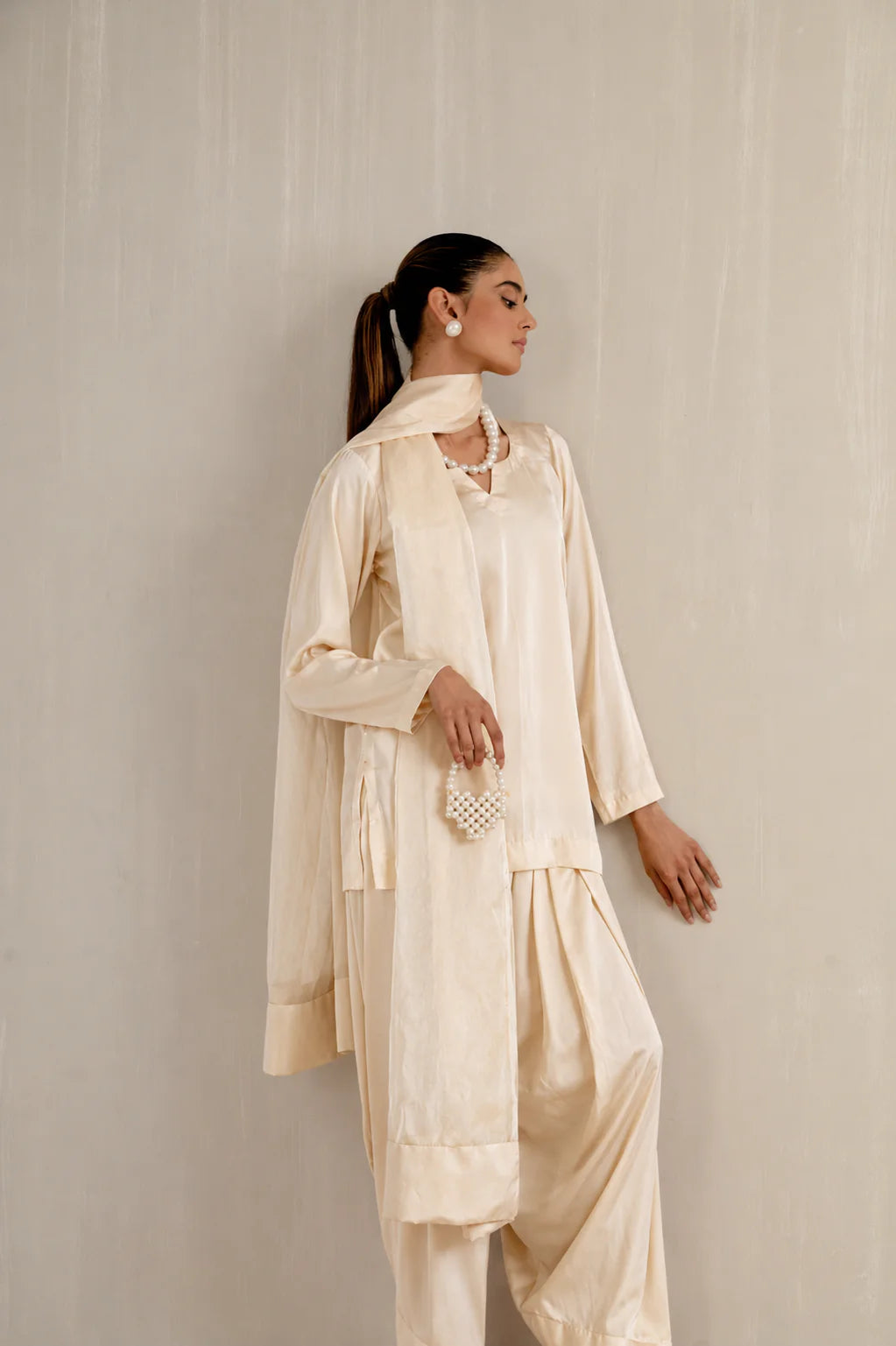 Malai Satin Farshi Set Pyoor ivory cream satin outfit with flowy organza dupatta look