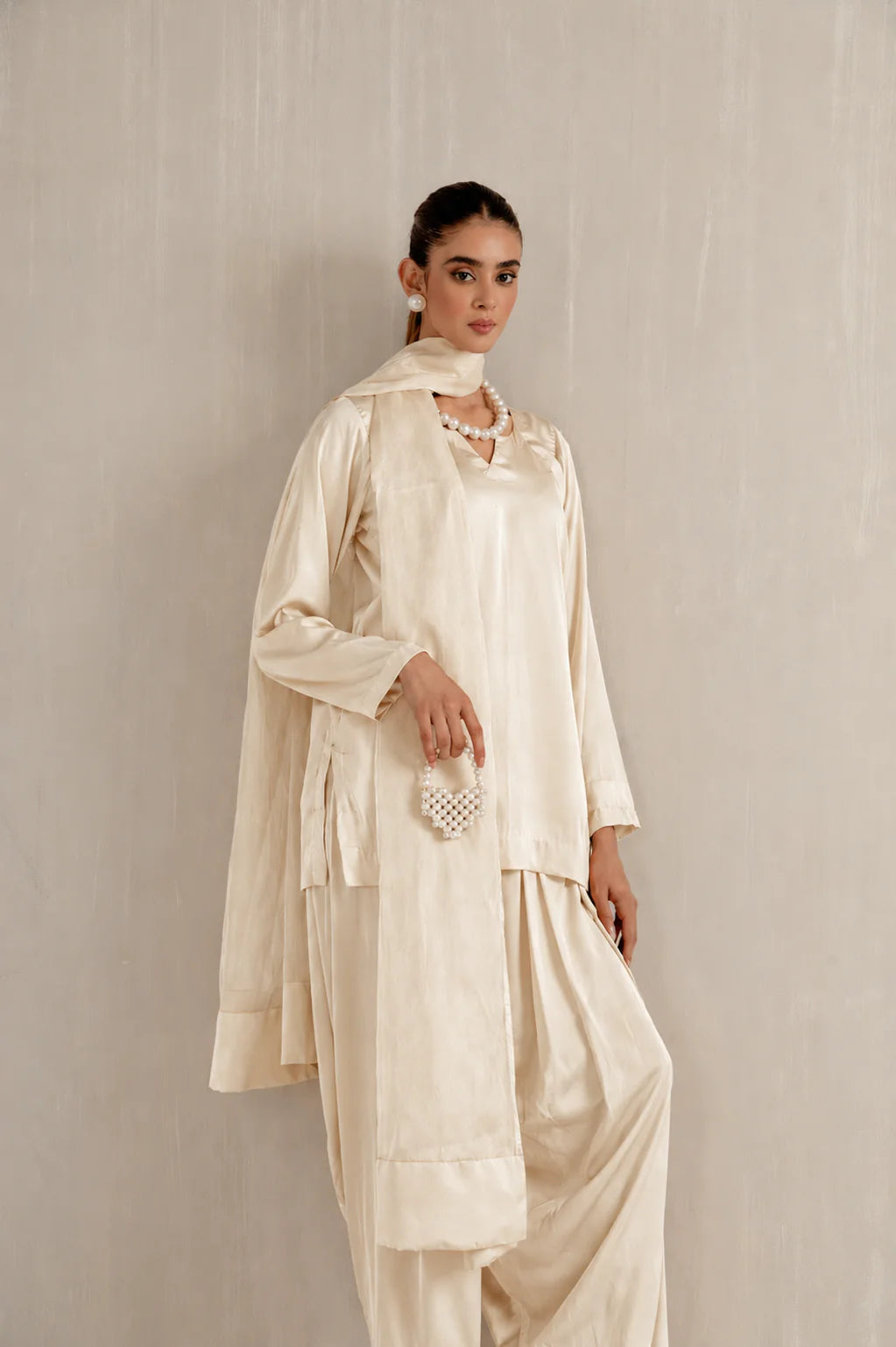 Malai Satin Farshi Set by Pyoor ivory satin suit set with organza dupatta for gatherings