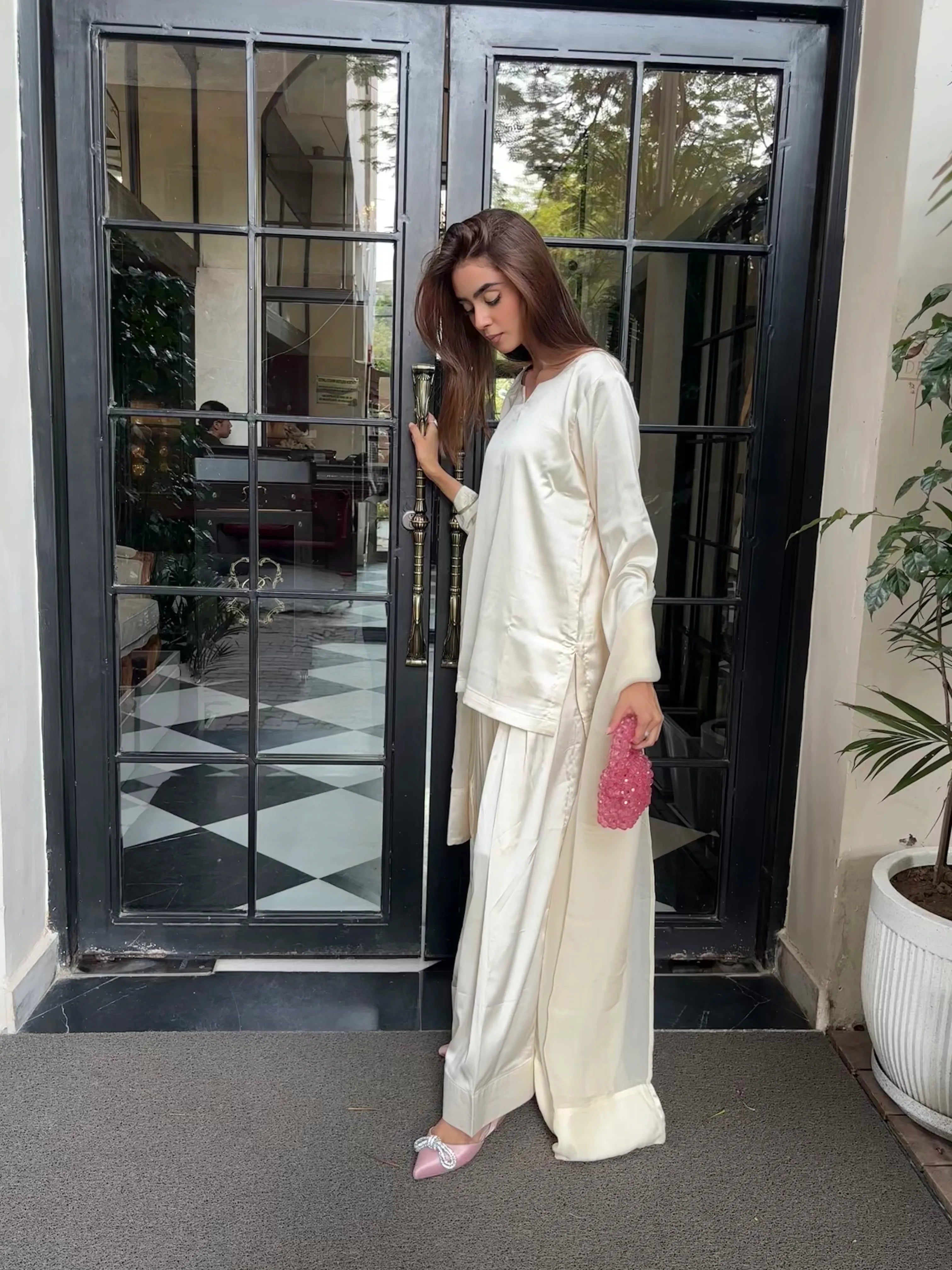 Malai Satin Farshi Set by Pyoor in soft ivory satin with graceful festive appeal