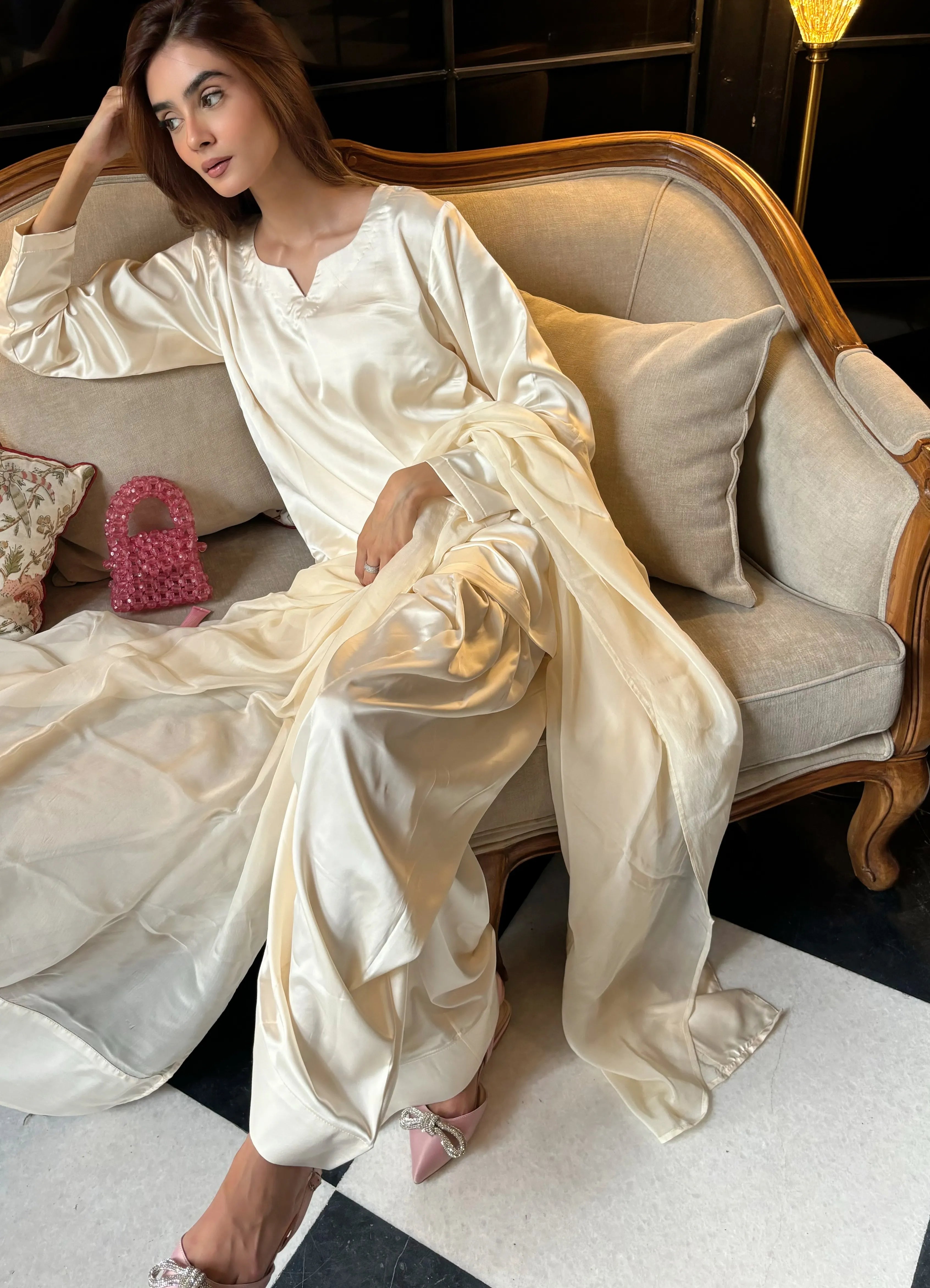 Malai Satin Farshi Set Pyoor ivory cream attire with soft oversized comfort