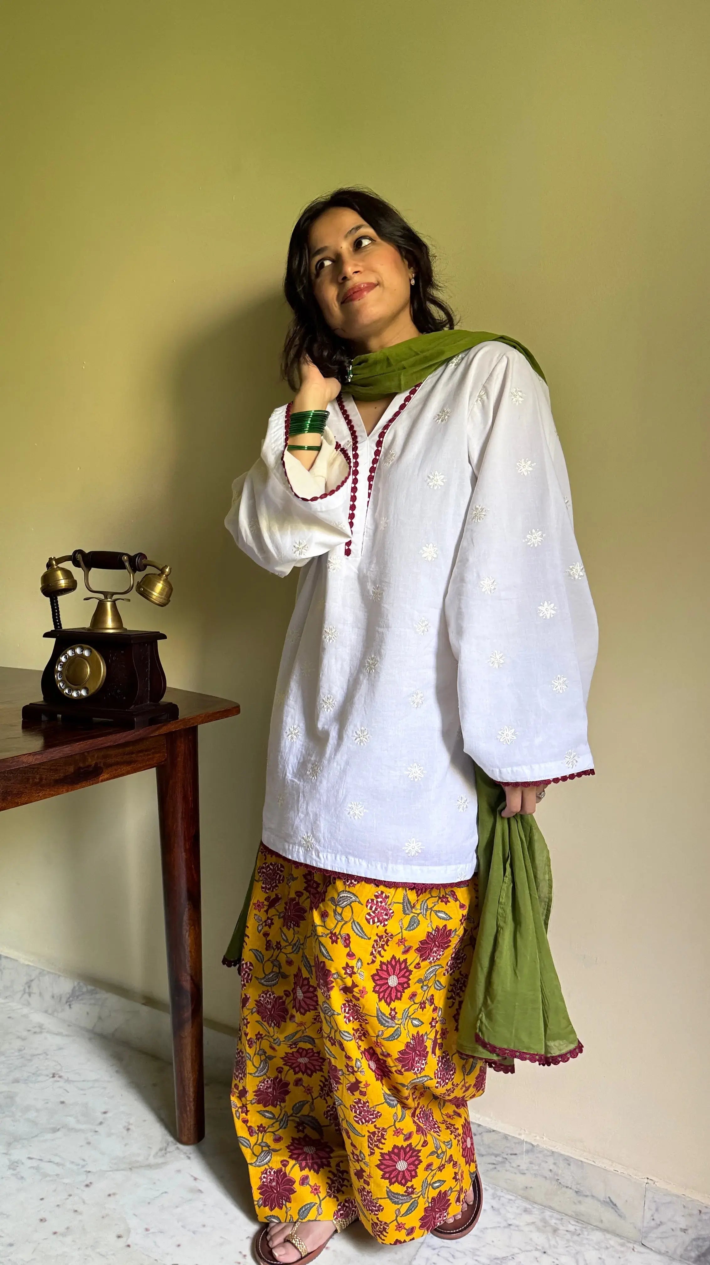 Marigold Farshi Salwar Suit Set from Pyoor in cotton with embroidered kurta and mul dupatta.