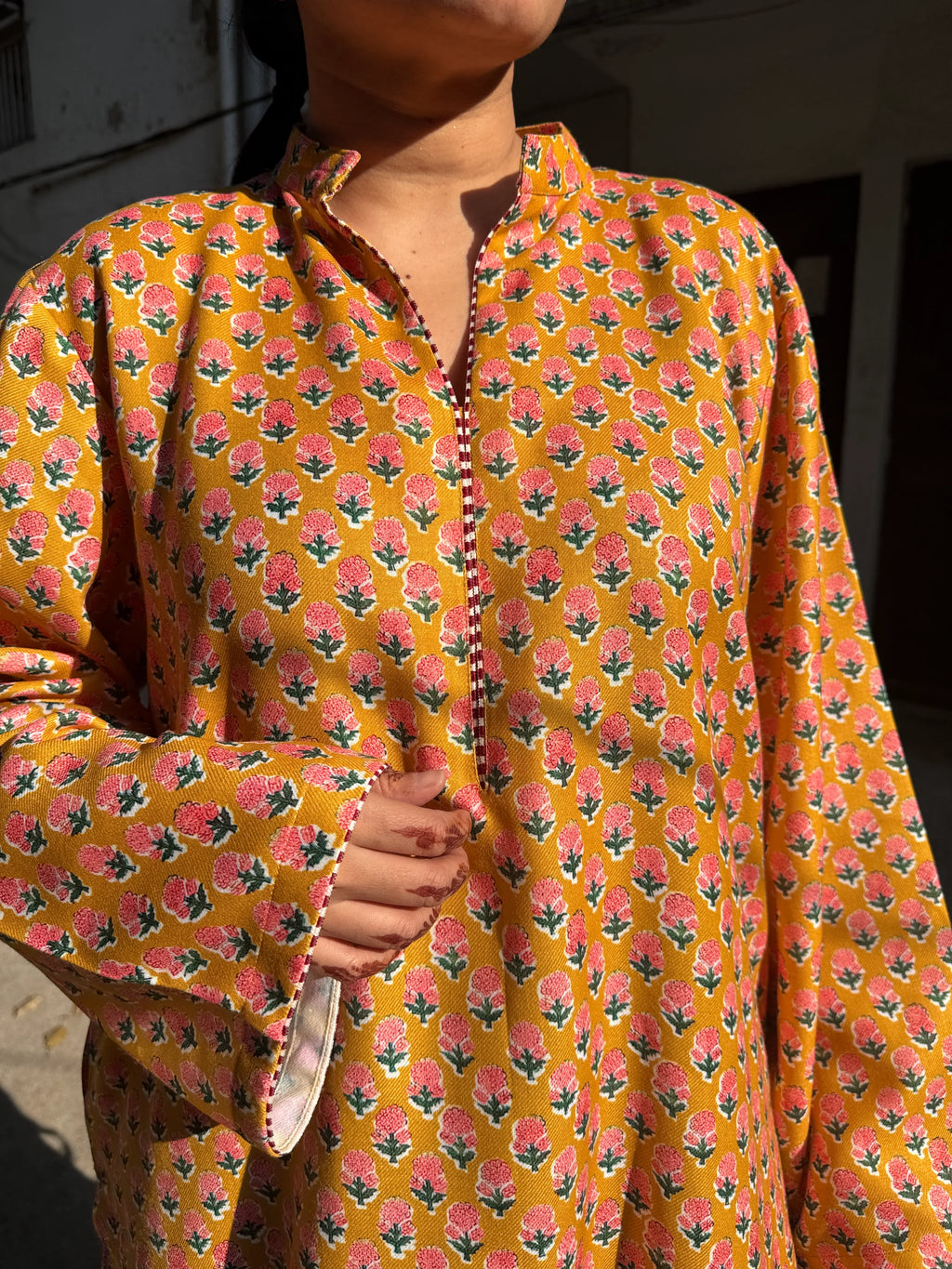 Marigold Winter Pashmina Farshi Set by Pyoor featuring oversized collared kurta