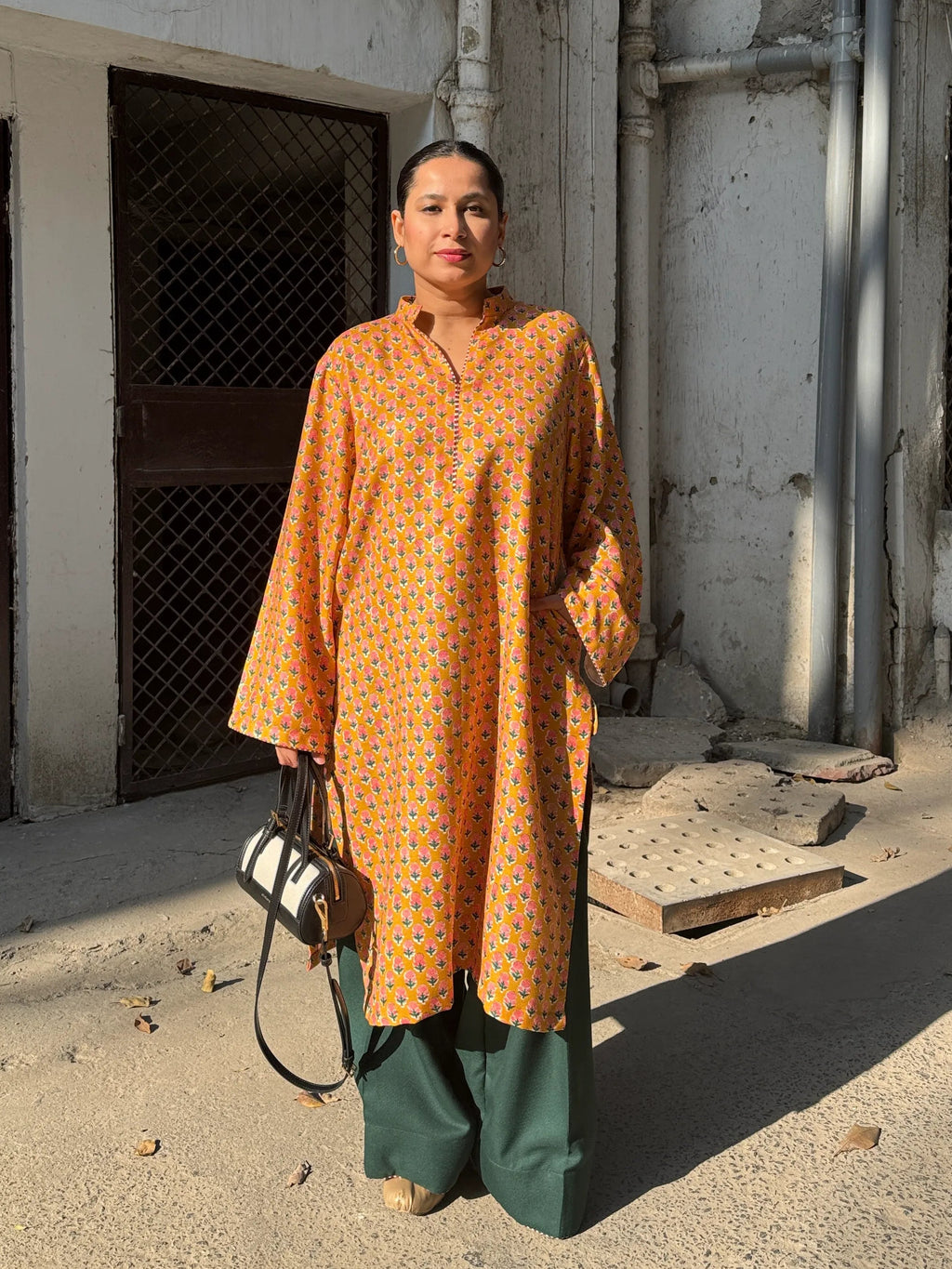 Pyoor Marigold Winter Pashmina Farshi Set with lace-detailed kurta and farshi salwar