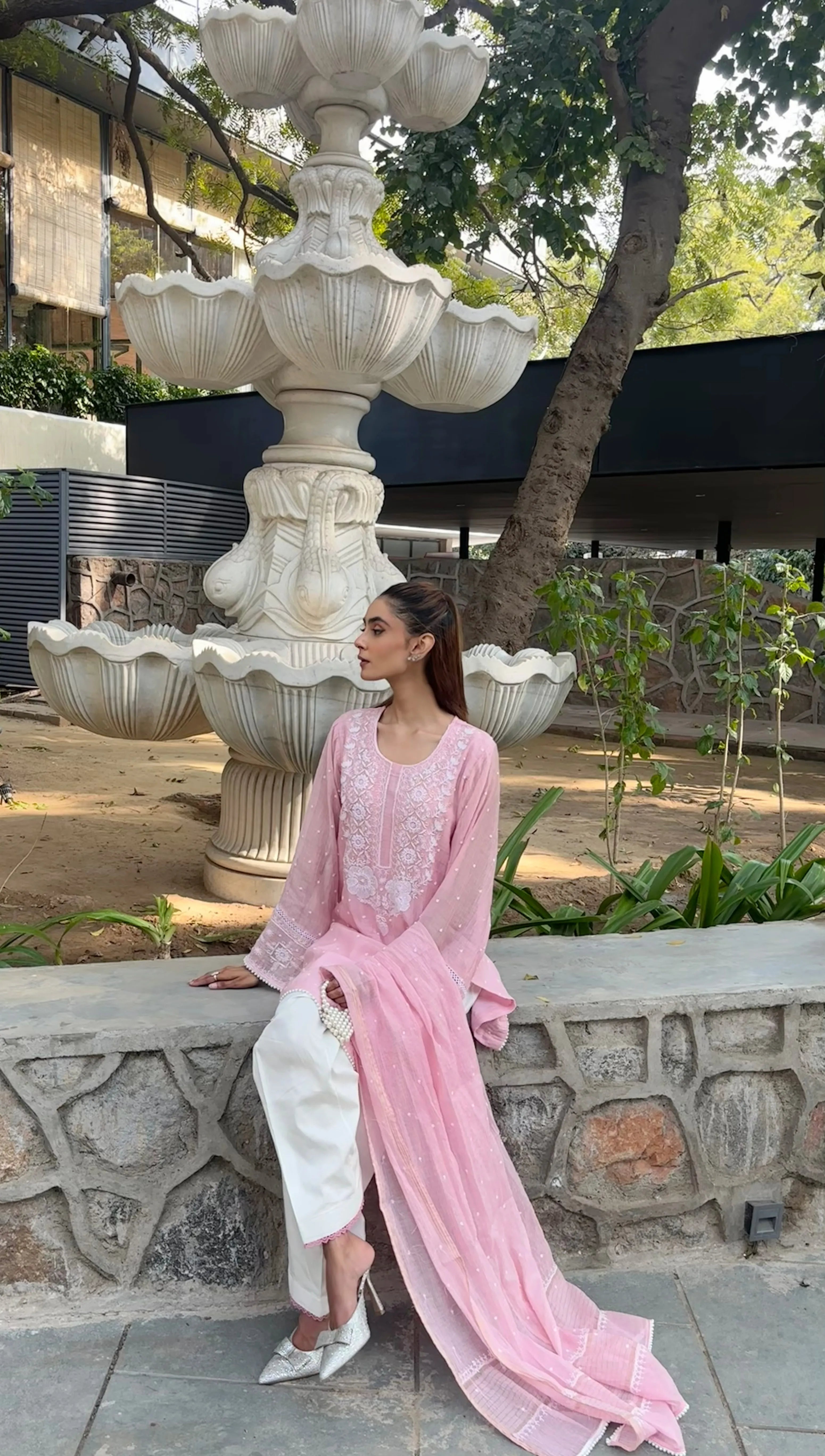 Pyoor Meera Pink Handwork Chikankari Farshi crafted in soft Chanderi and cotton silk