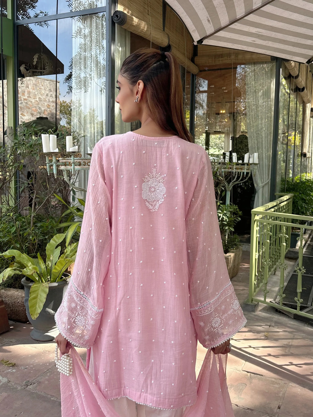 Pyoor Meera Pink Handwork Chikankari Farshi styled with elegant cotton silk salwar