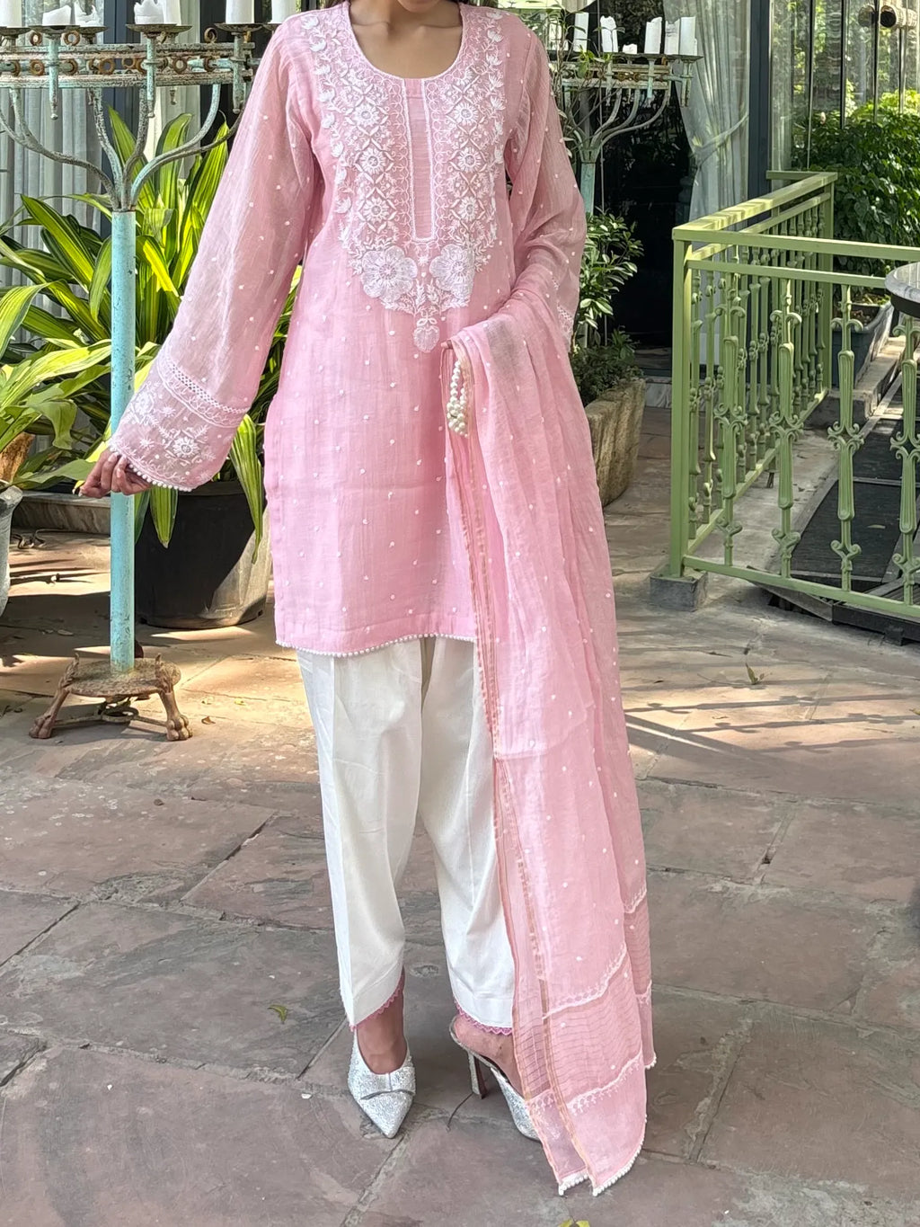 Elegant Pyoor Meera Pink Handwork Chikankari Farshi in Chanderi and cotton silk
