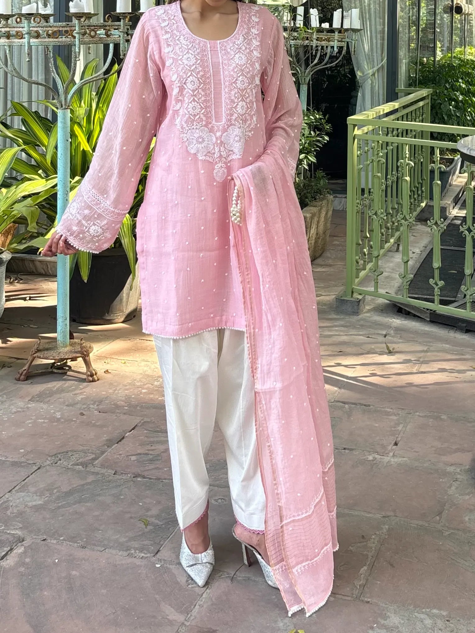 Elegant Pyoor Meera Pink Handwork Chikankari Farshi in Chanderi and cotton silk