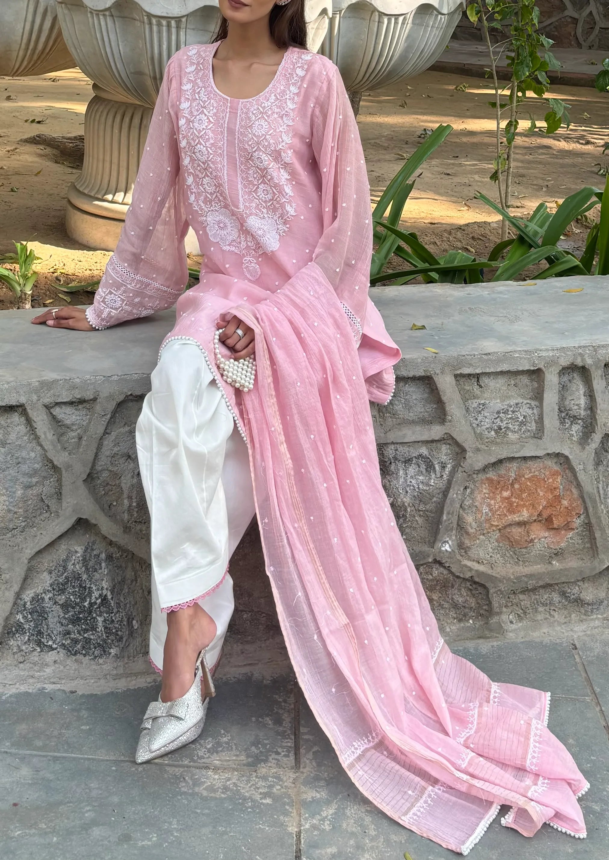 Meera Pink Handwork Chikankari Farshi from Pyoor with modern farshi salwar design