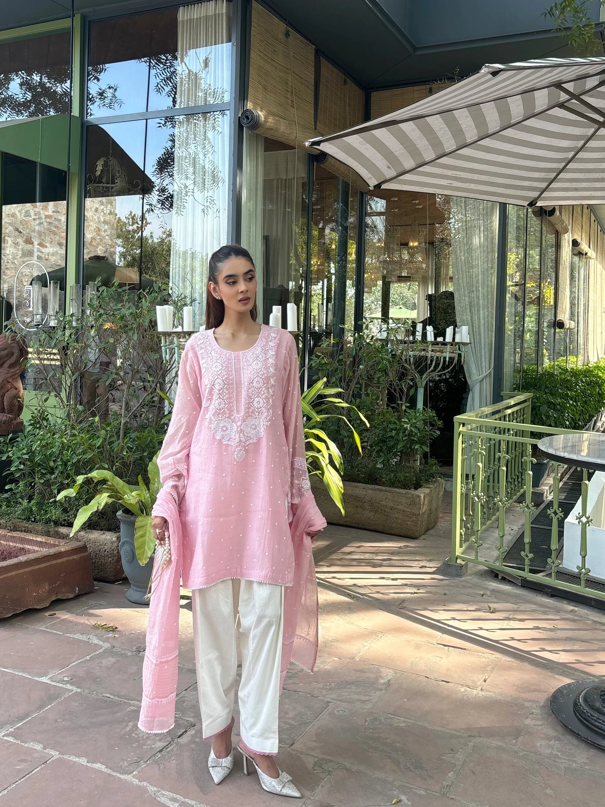 Soft Chanderi Meera Pink Handwork Chikankari Farshi crafted by Pyoor