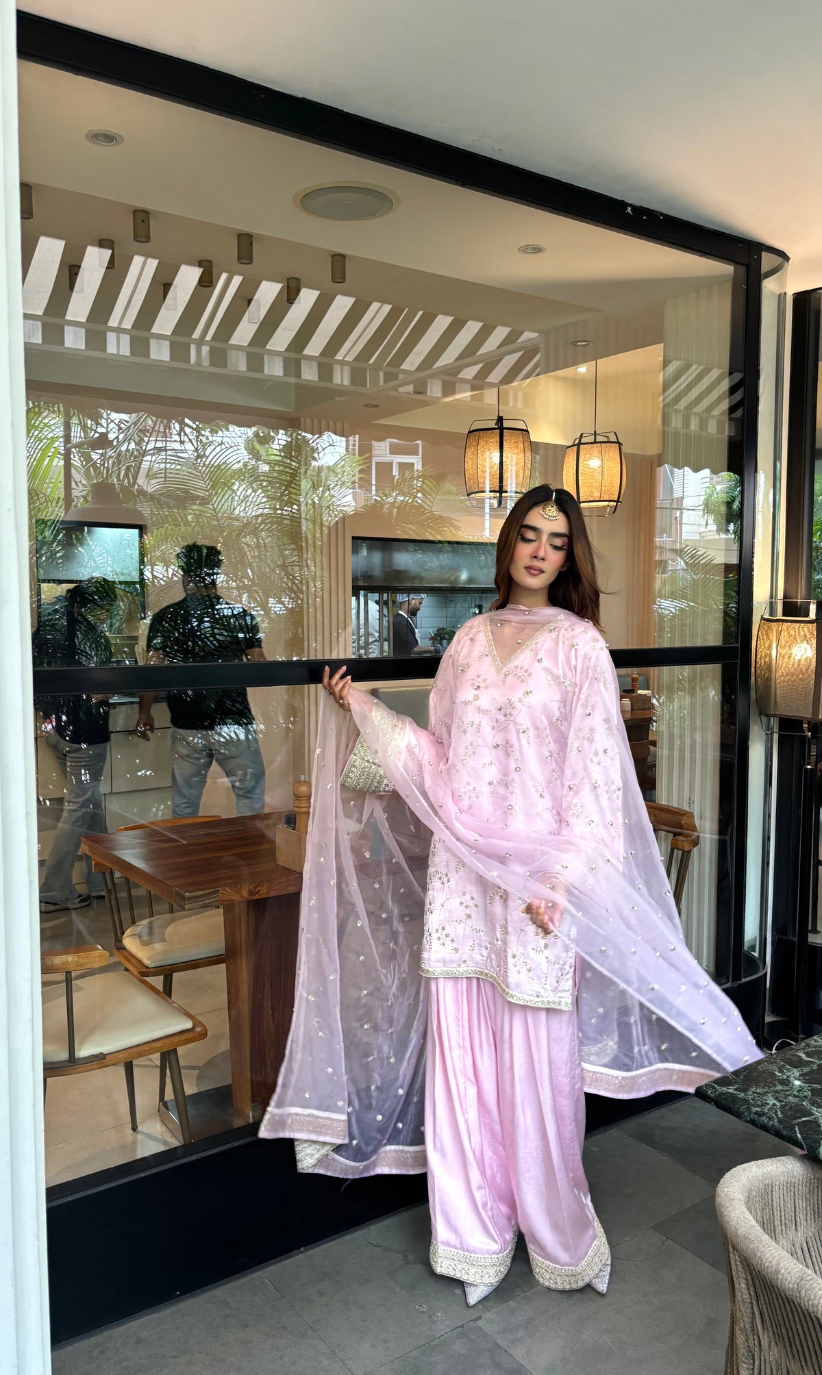 Pyoor Mehrab Soft Pink Farshi Set styled with a matching dupatta