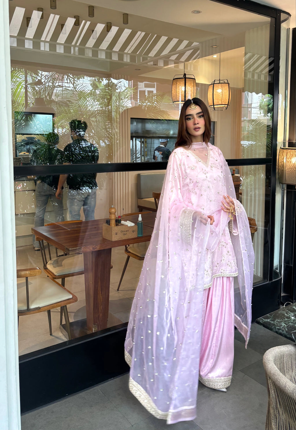 Mehrab Soft Pink Farshi Set, a soft and graceful festive outfit
