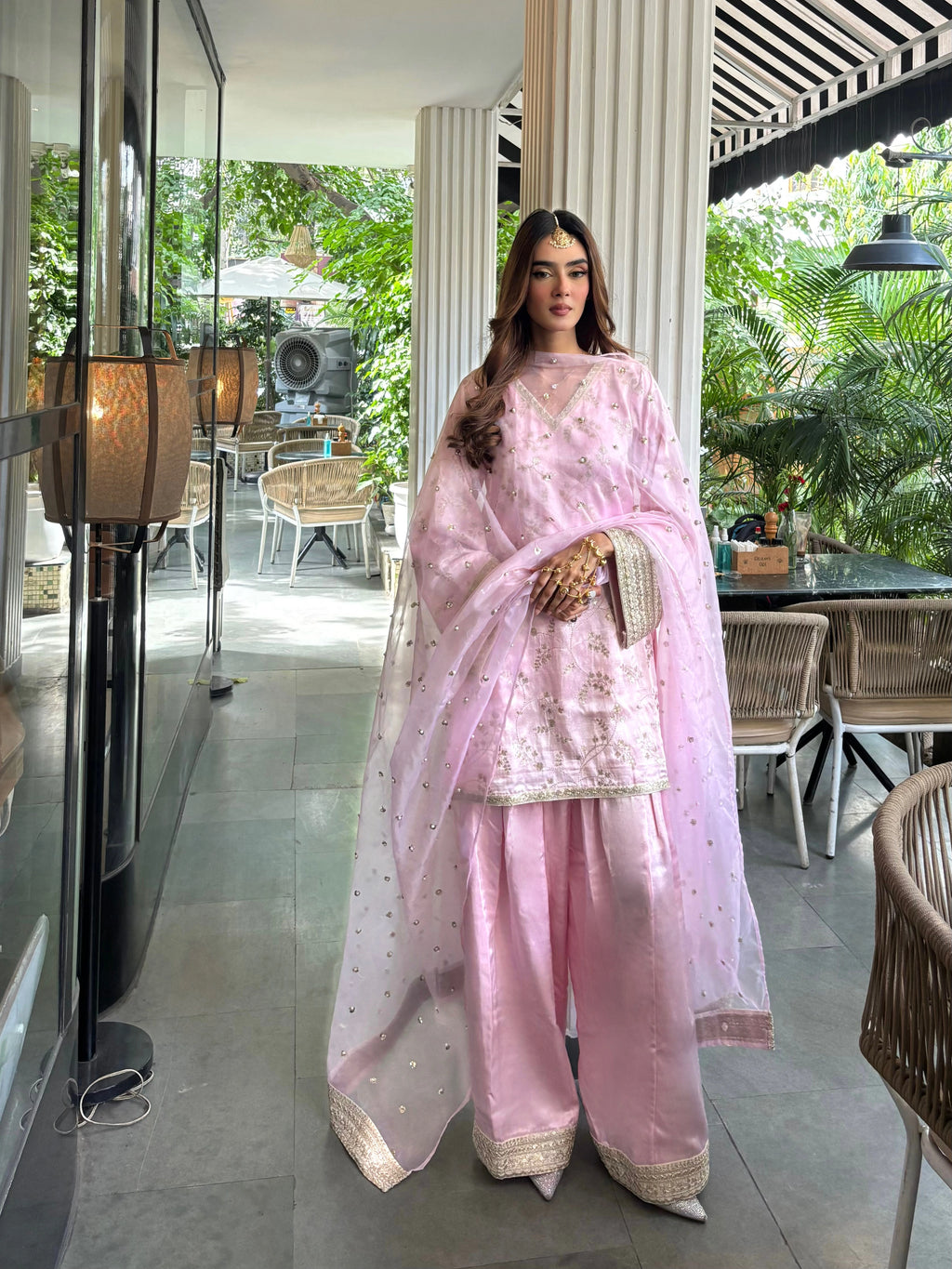 Pyoor's Mehrab Soft Pink Farshi Set featuring embroidered farshi salwar