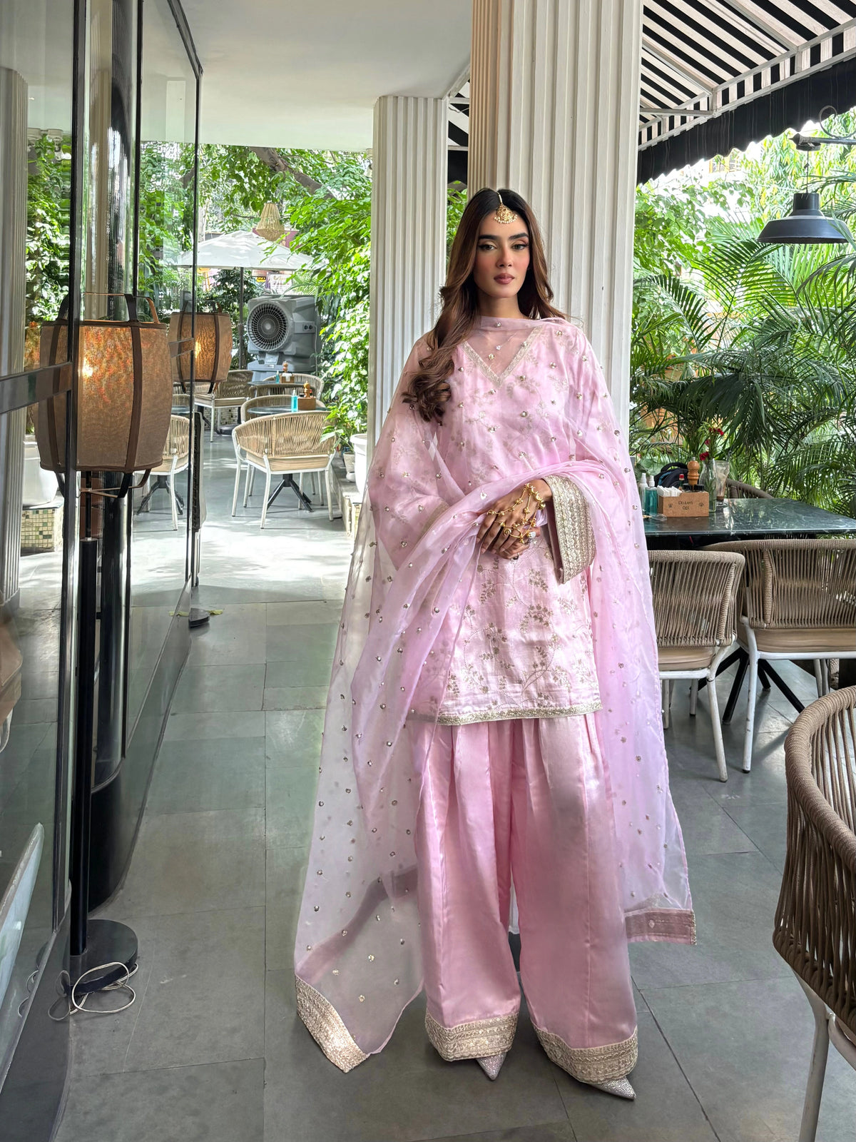 Pyoor's Mehrab Soft Pink Farshi Set featuring embroidered farshi salwar