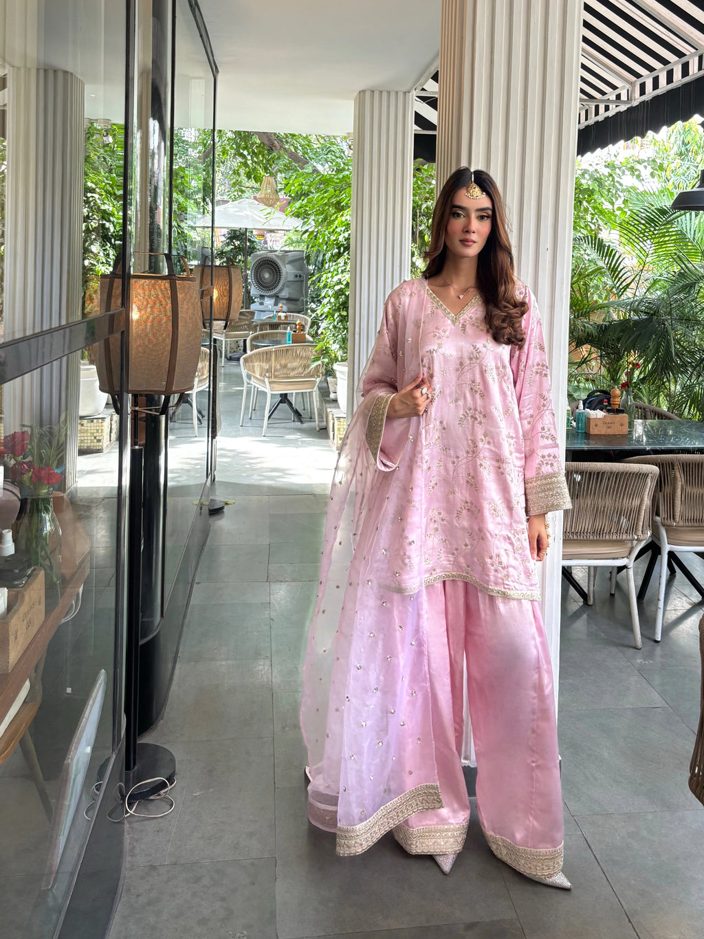 Mehrab Soft Pink Farshi Set in a straight oversized fit, cotton lined