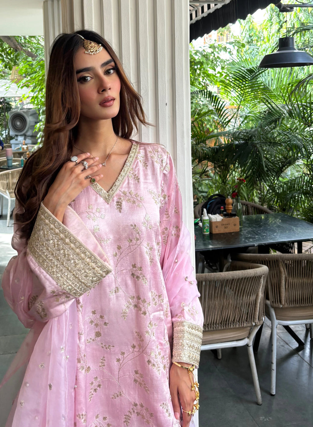 Mehrab Soft Pink Farshi Set with embroidered pink organza dupatta