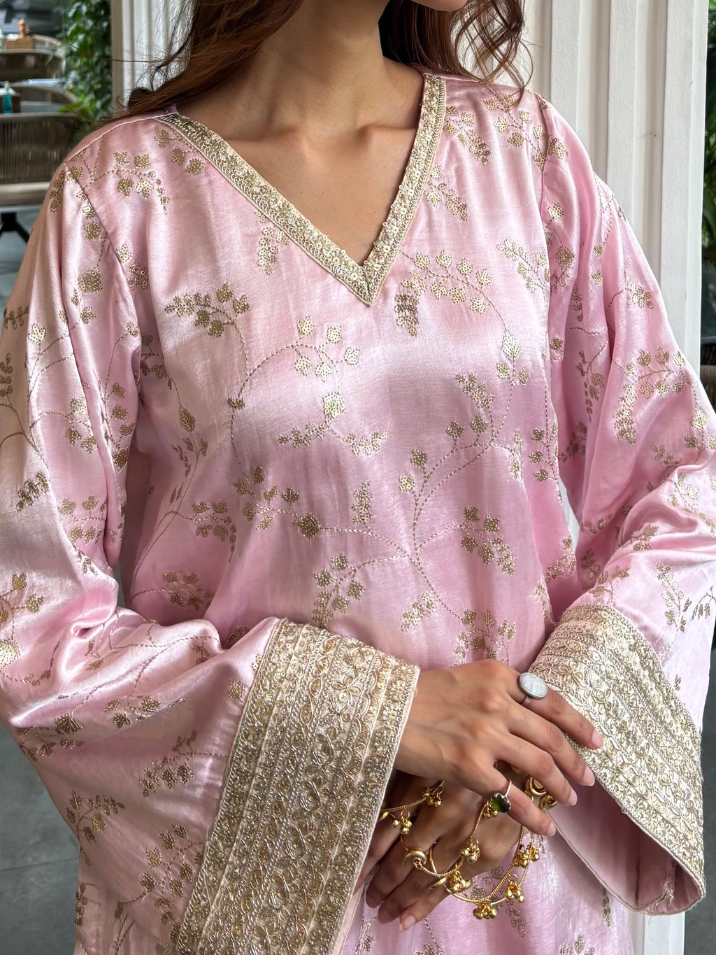 Mehrab Soft Pink Farshi Set featuring soft pink gajji silk, Pyoor