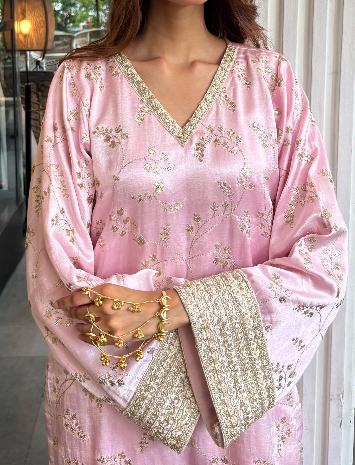 Pyoor's Mehrab Soft Pink Farshi Set with fully embroidered detailing