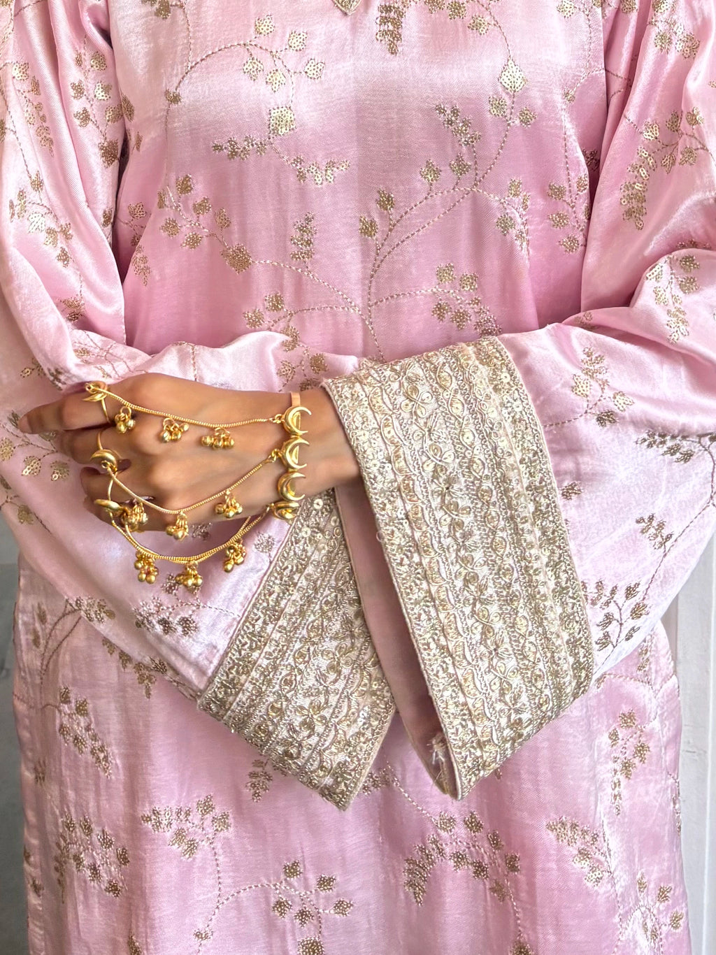 Mehrab Soft Pink Farshi Set, an elegant silk ensemble for weddings