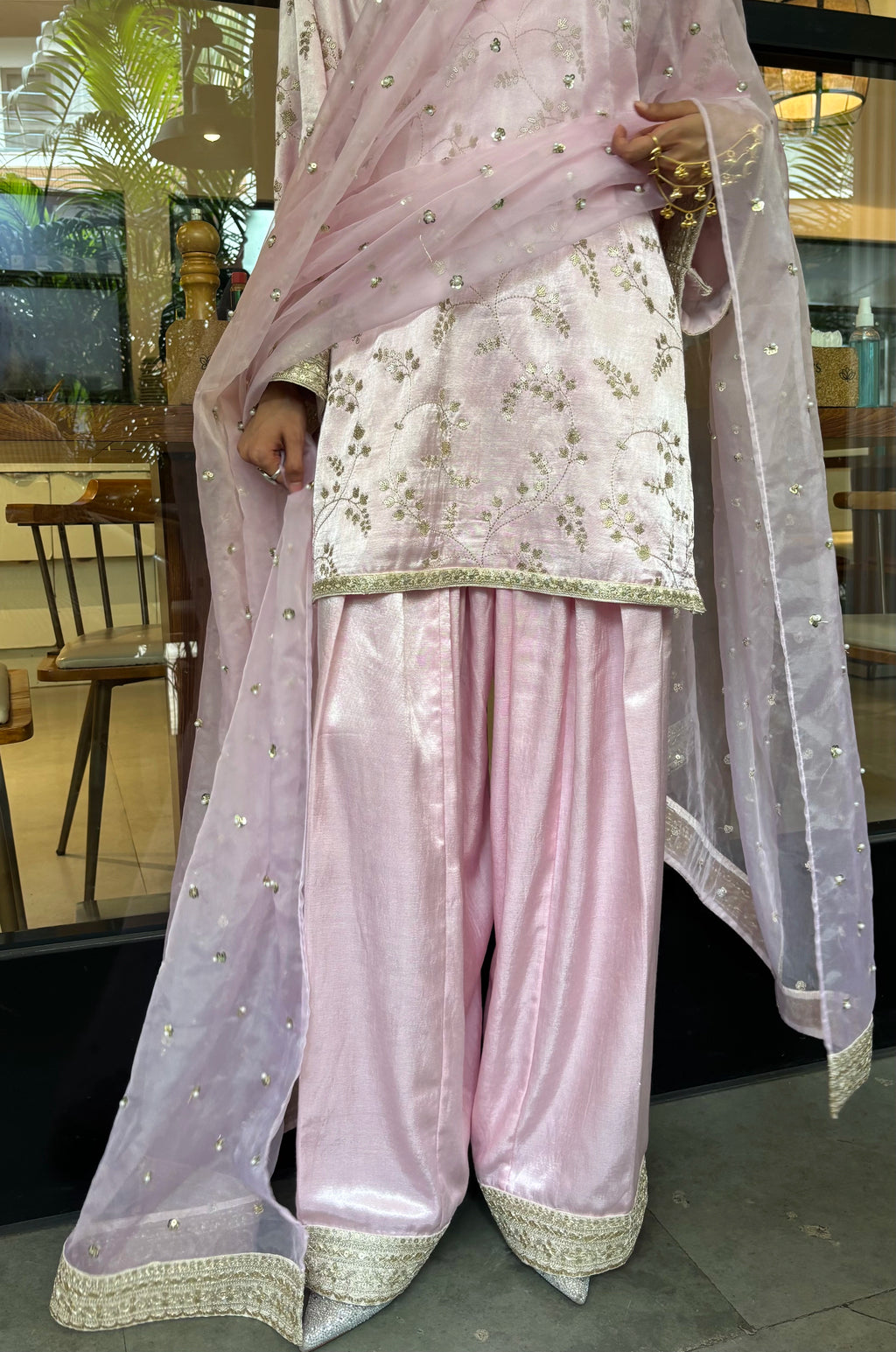 Pyoor's Mehrab Soft Pink Farshi Set with rich gajji silk fabric