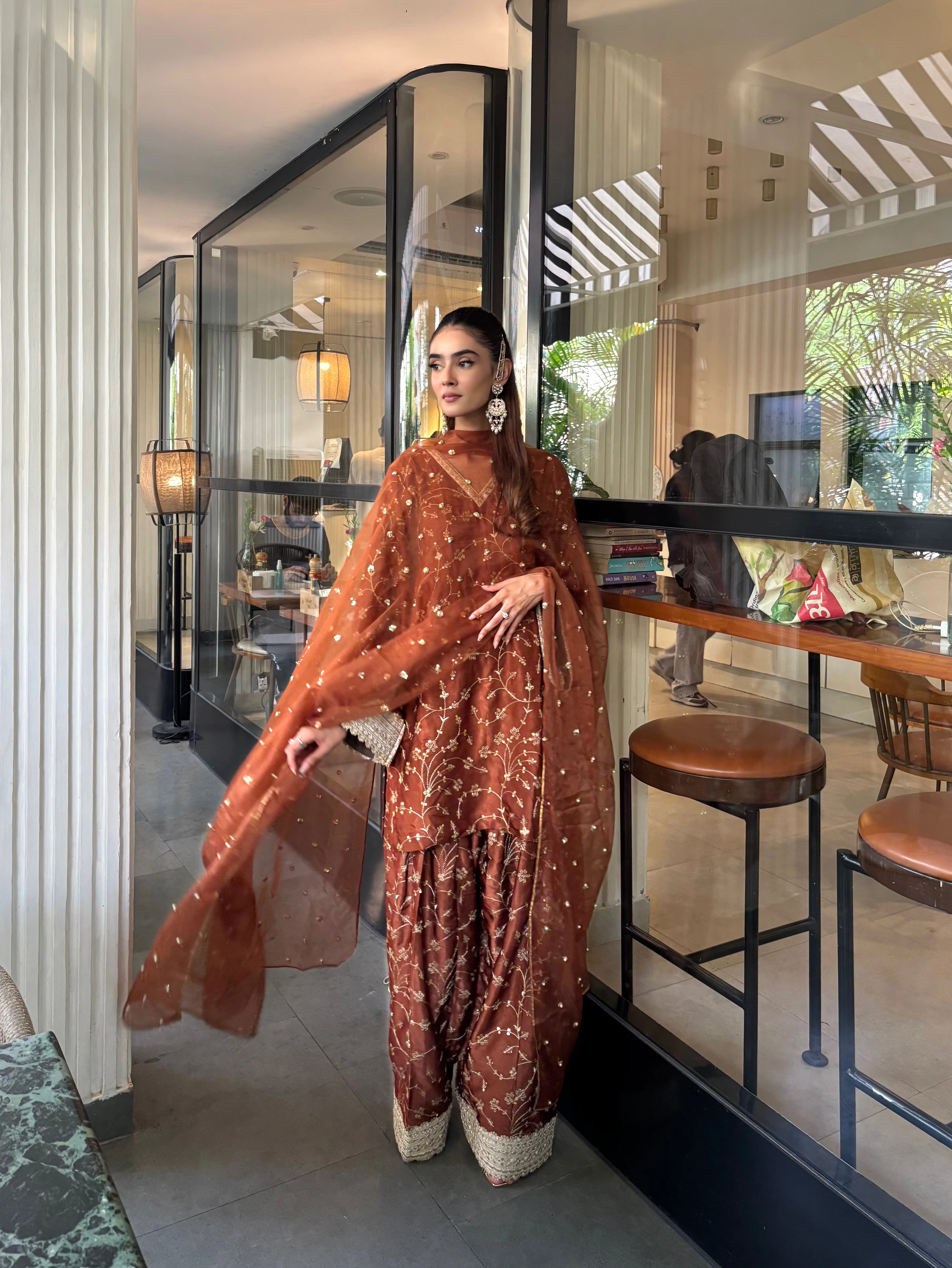 Mehreen Brown Silk Farshi with gajji silk embroidered kurta, Pyoor