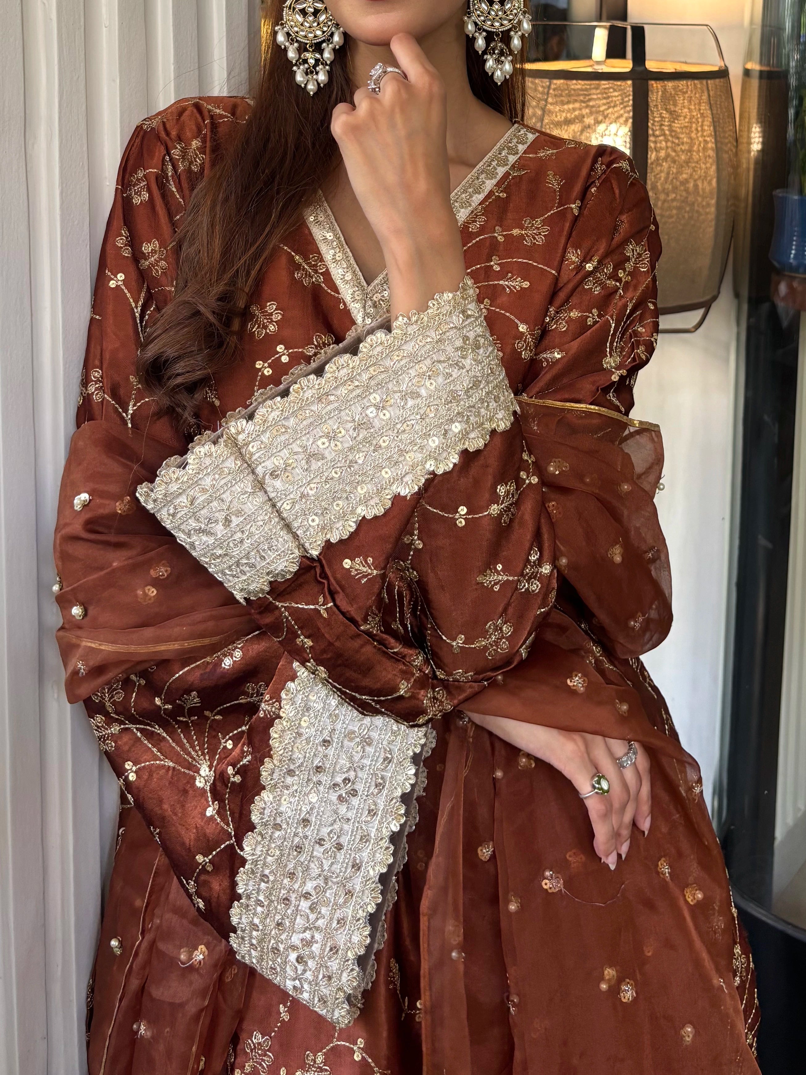 Pyoor's Mehreen Brown Silk Farshi featuring embroidered farshi salwar