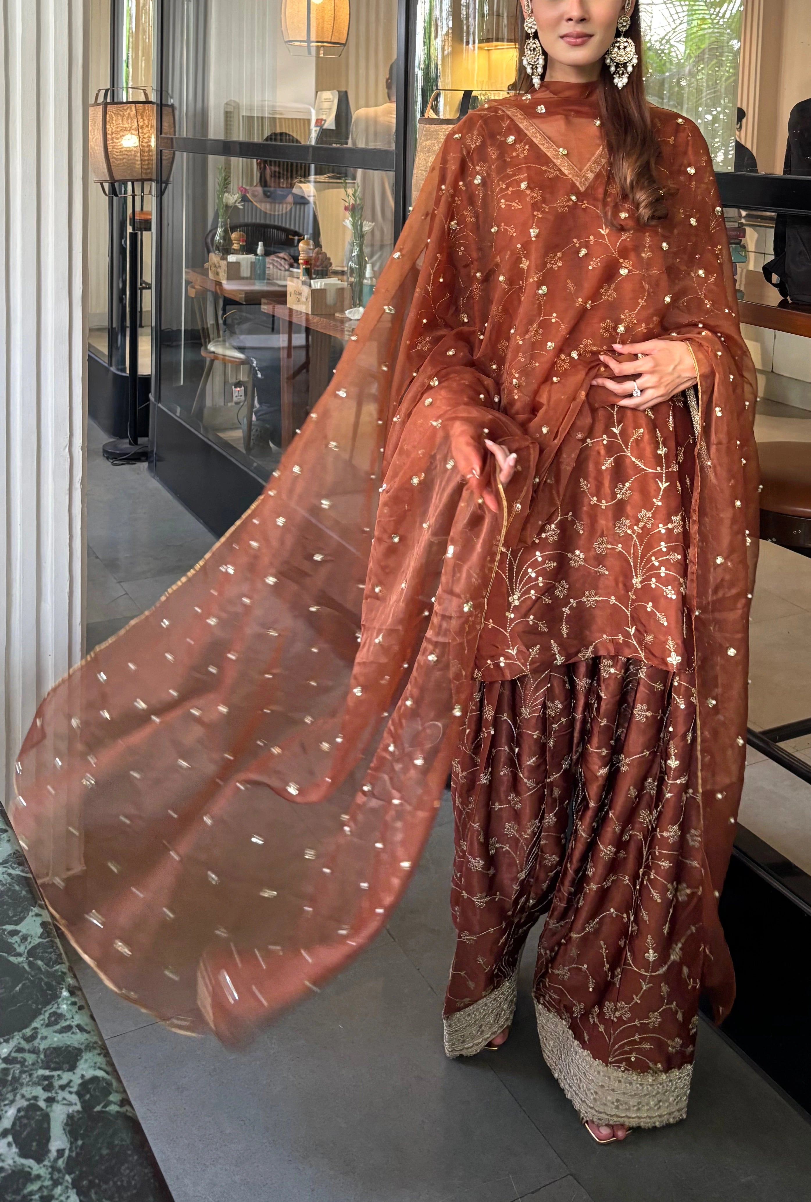 Mehreen Brown Silk Farshi with embroidered brown organza dupatta