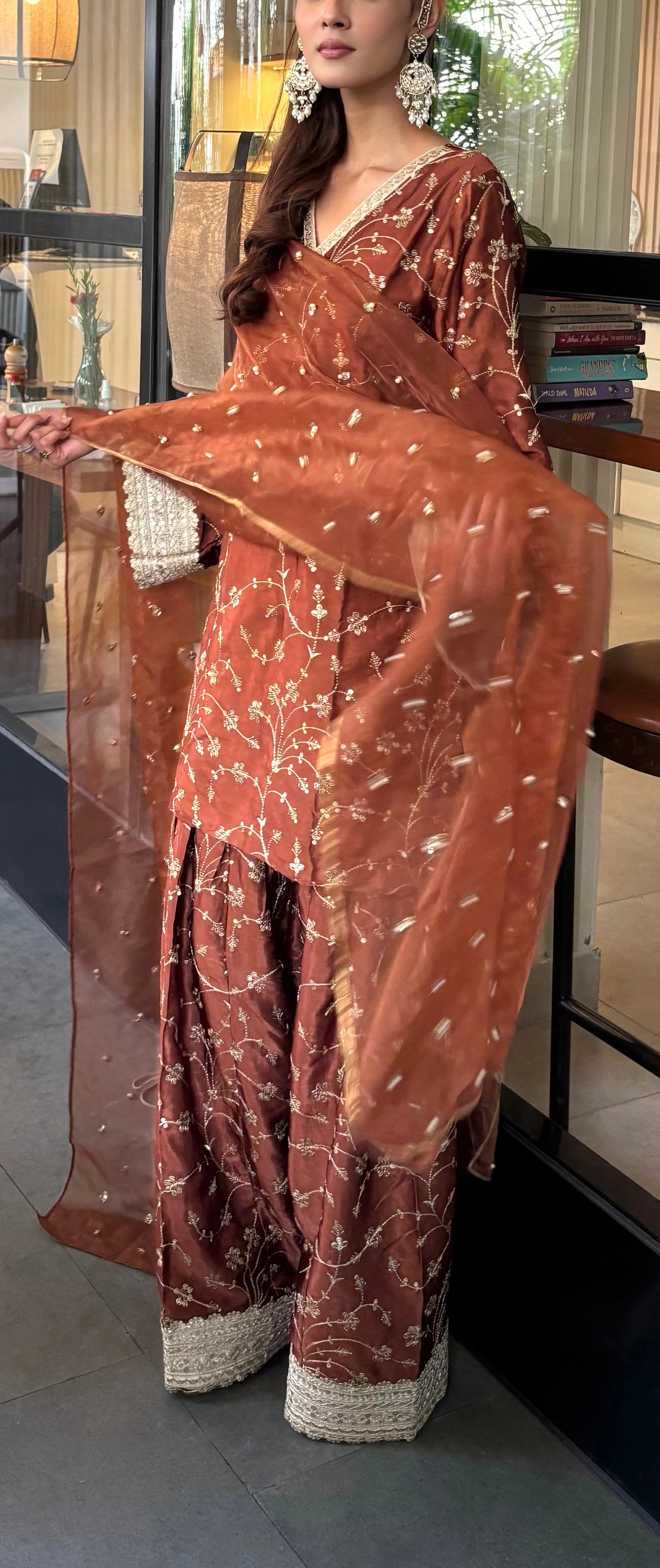 Pyoor Mehreen Brown Silk Farshi, perfect for festivals and weddings