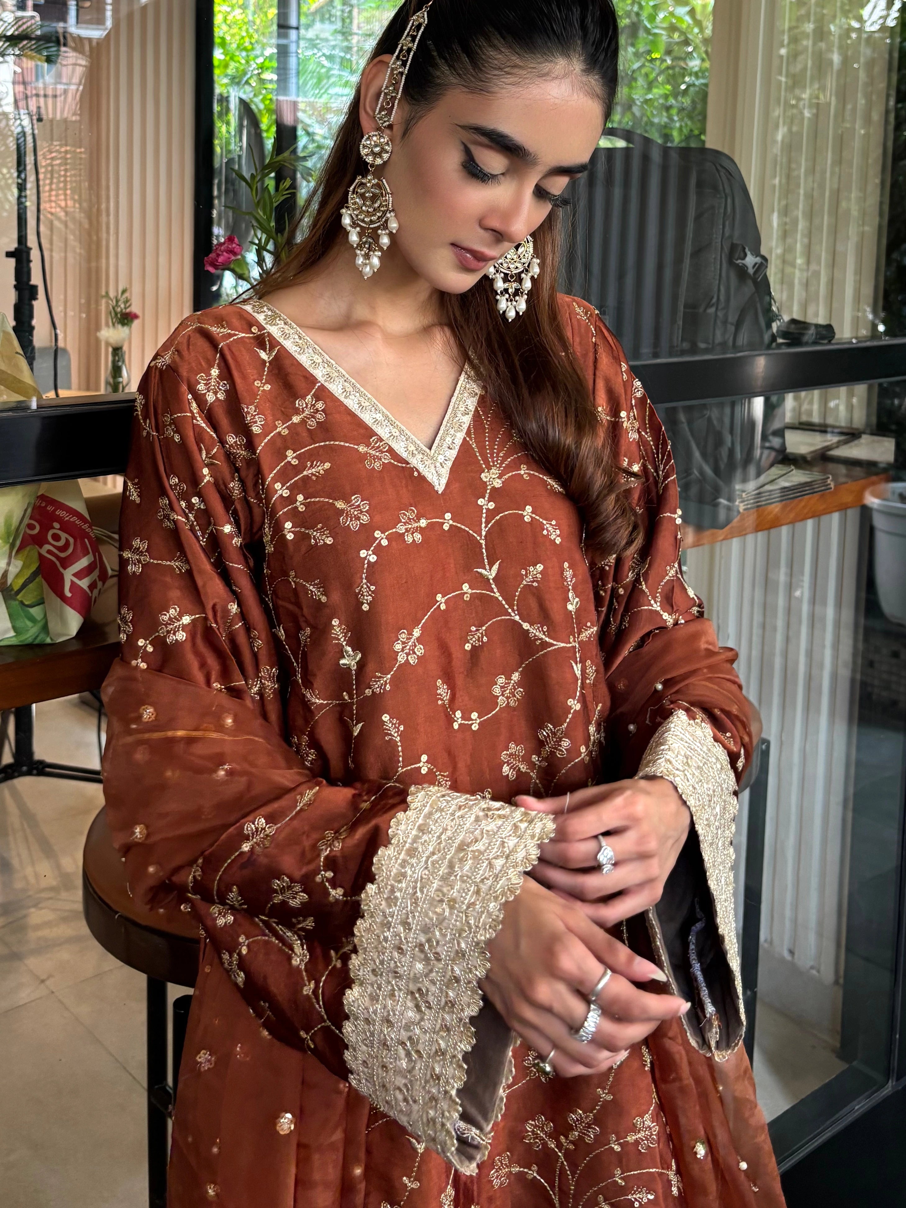 Pyoor's Mehreen Brown Silk Farshi with fully embroidered detailing