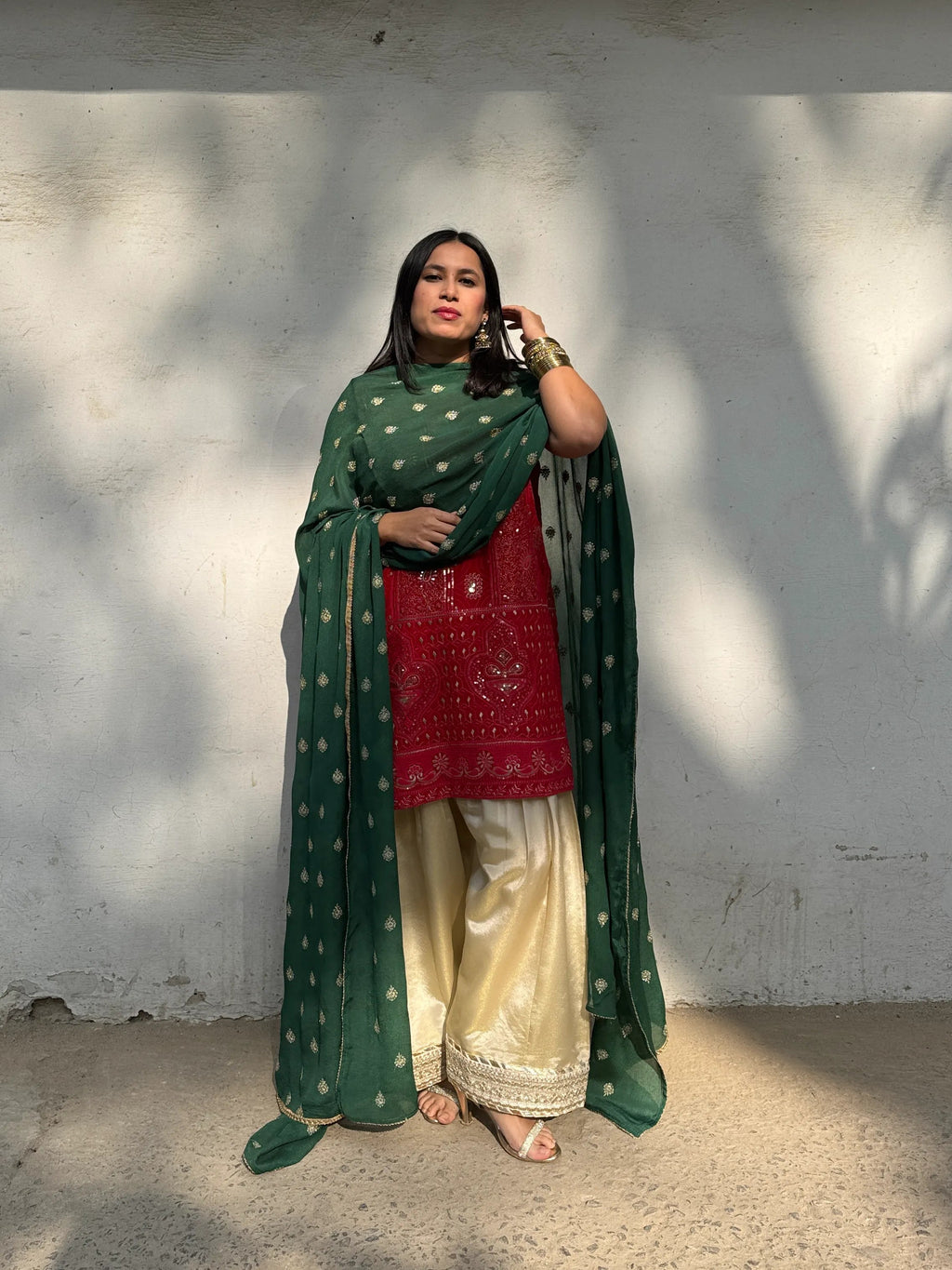 Mehreen Wedding Farshi Set by Pyoor in red georgette with tissue salwar and embroidered dupatta