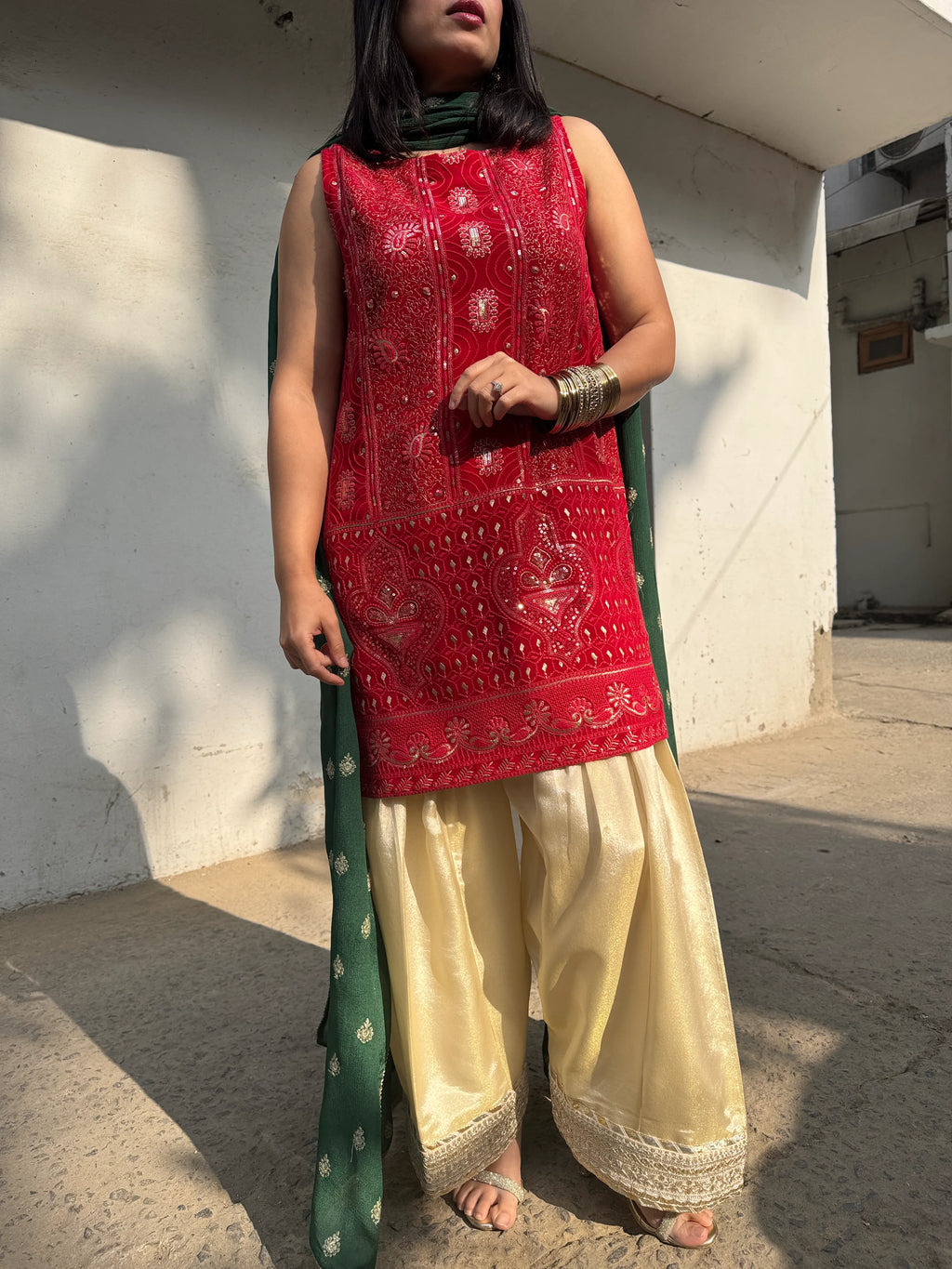 Mehreen Wedding Farshi Set by Pyoor featuring georgette kurta and green booti dupatta