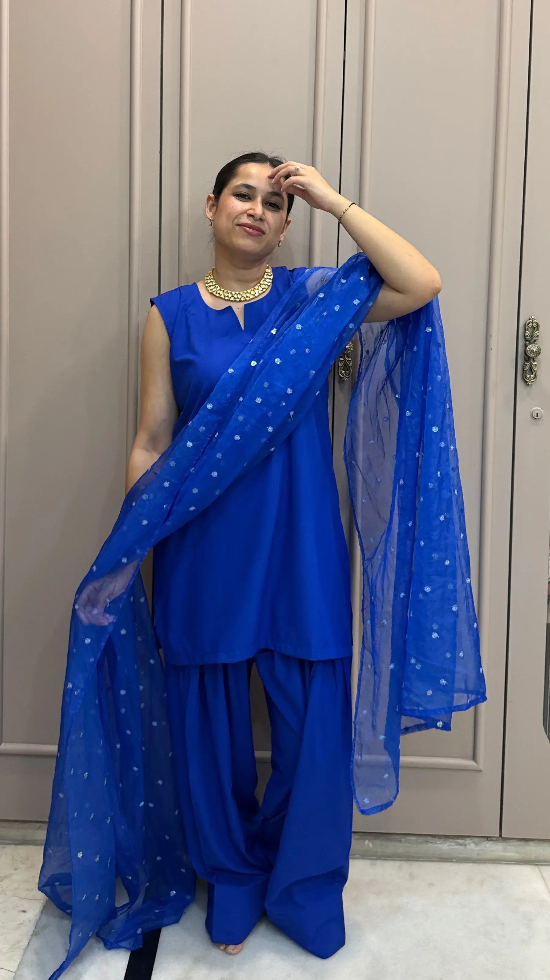 Cotton kurta for women from Pyoor, Midnight Blue Set with Farshi salwar and organza dupatta