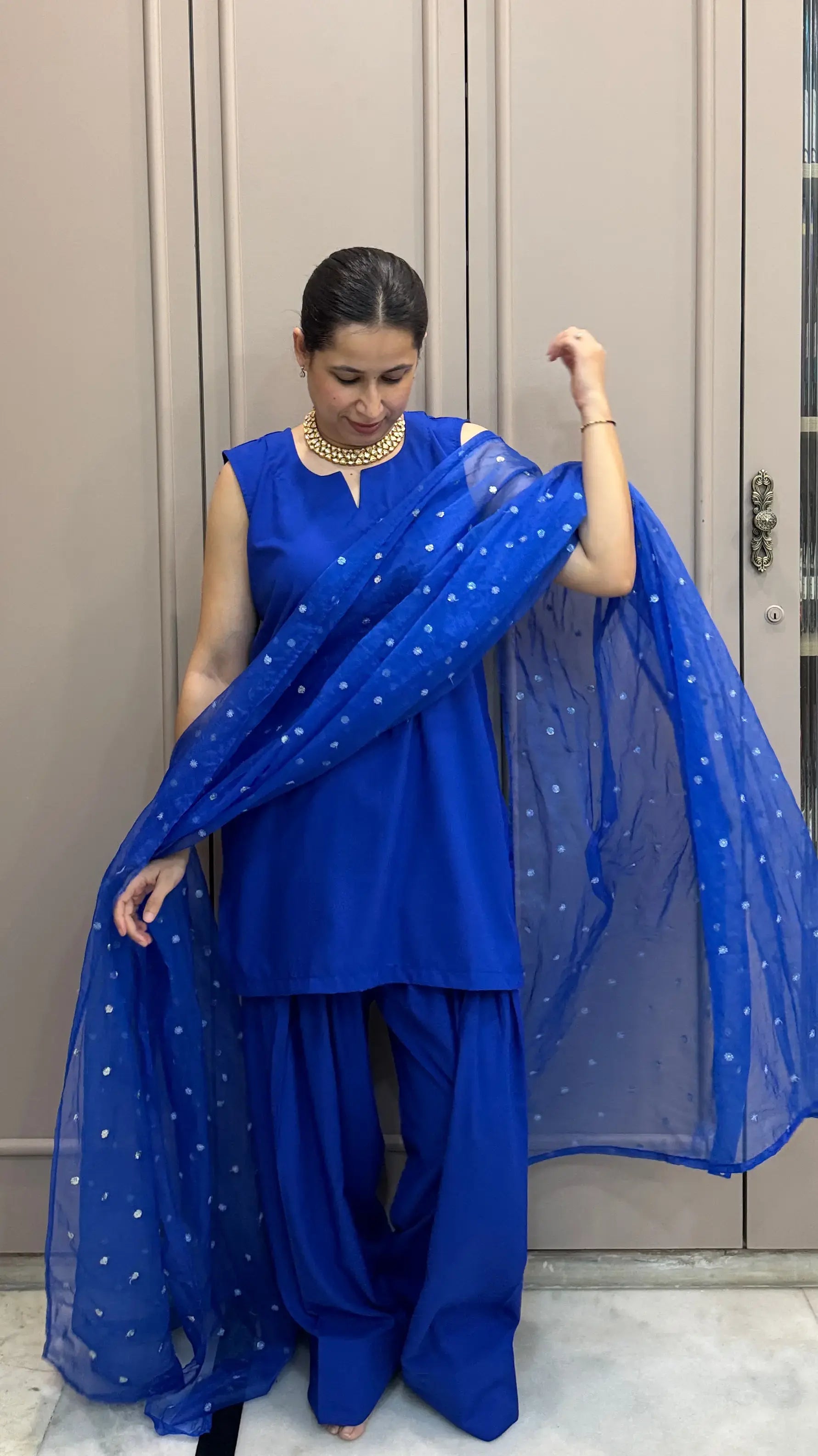 Festive Midnight Blue Set with Farshi salwar, cotton kurta for women crafted by Pyoor