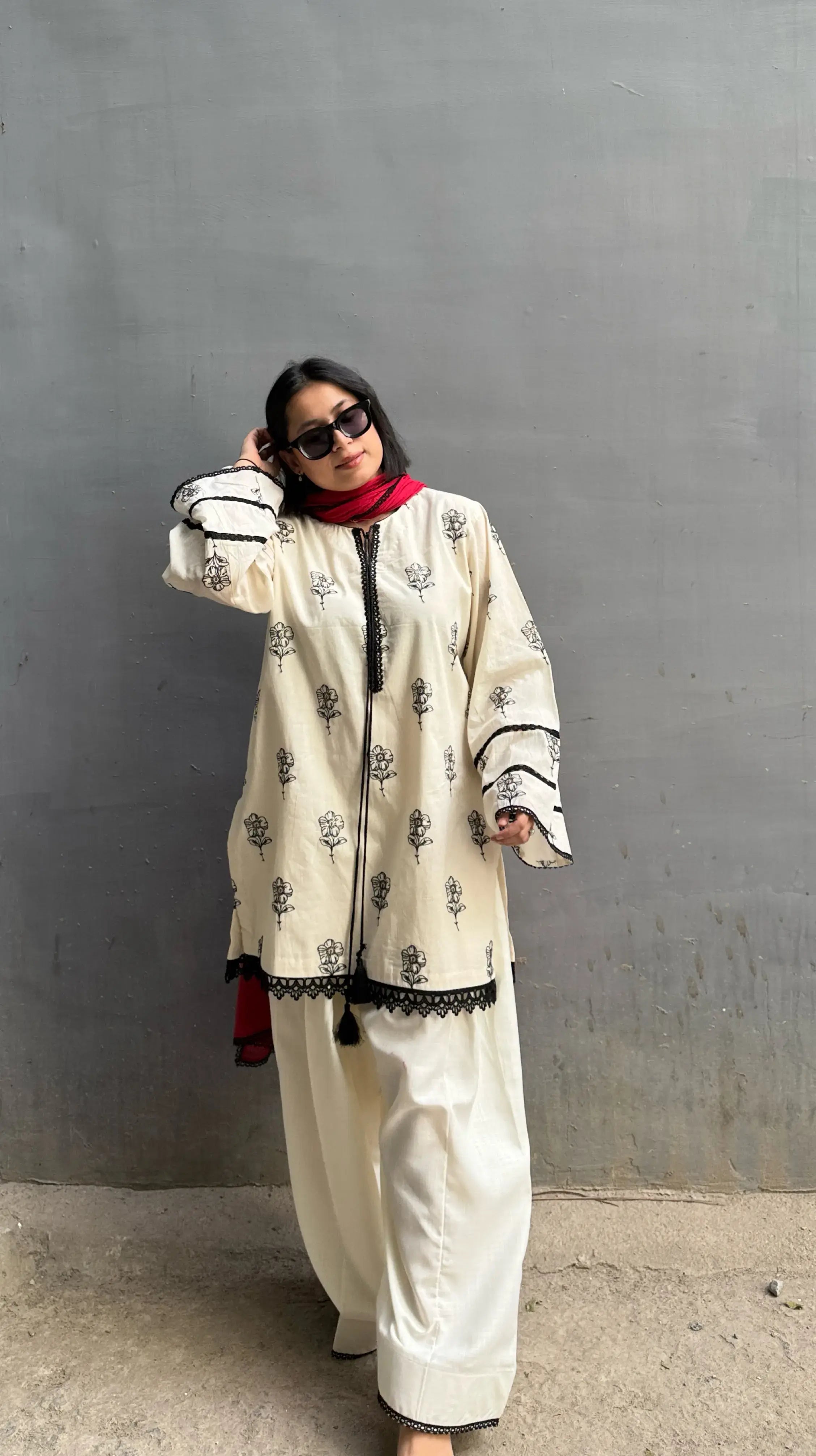 Pyoor Mira Farshi Salwar Suit Set, elegant off white suit with embroidered cotton fabric.