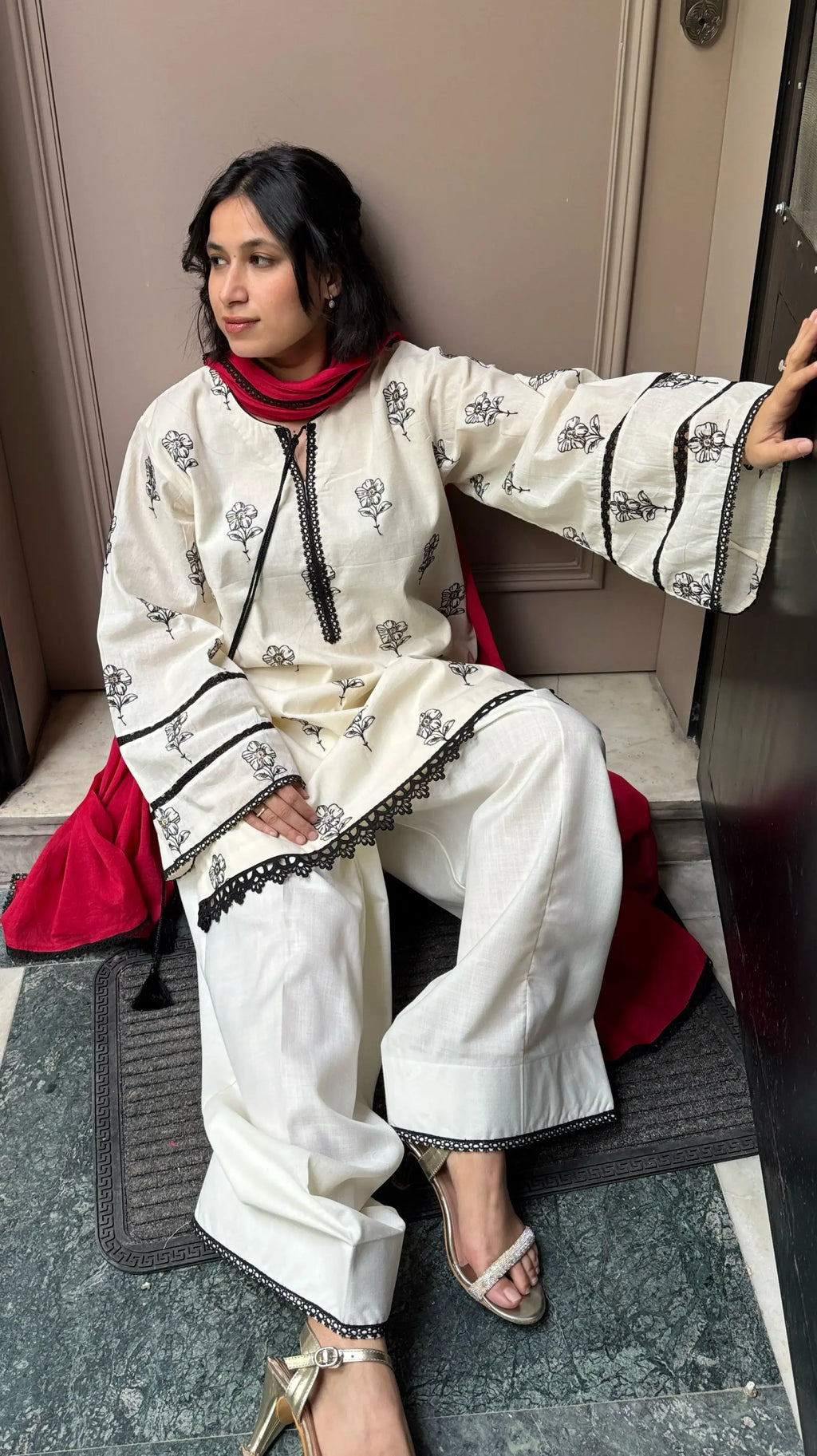 Pyoor Mira Farshi Salwar Suit Set, breathable off white suit perfect for festive occasions.