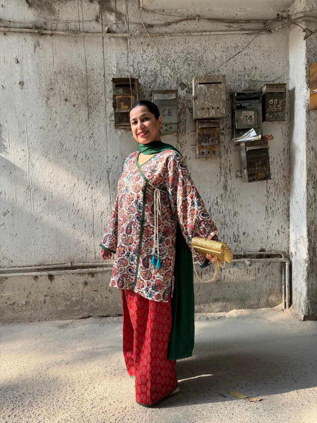 Pyoor Mogra Winter Pashmina Farshi Set with Angrakha kurta and pashmina farshi salwar