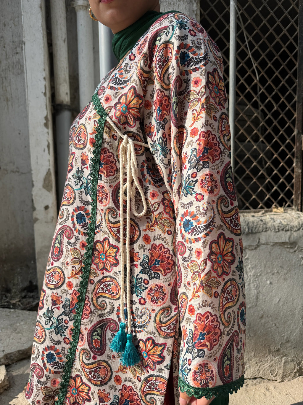 Mogra Winter Pashmina Farshi Set by Pyoor featuring offwhite Angrakha kurta and green dupatta