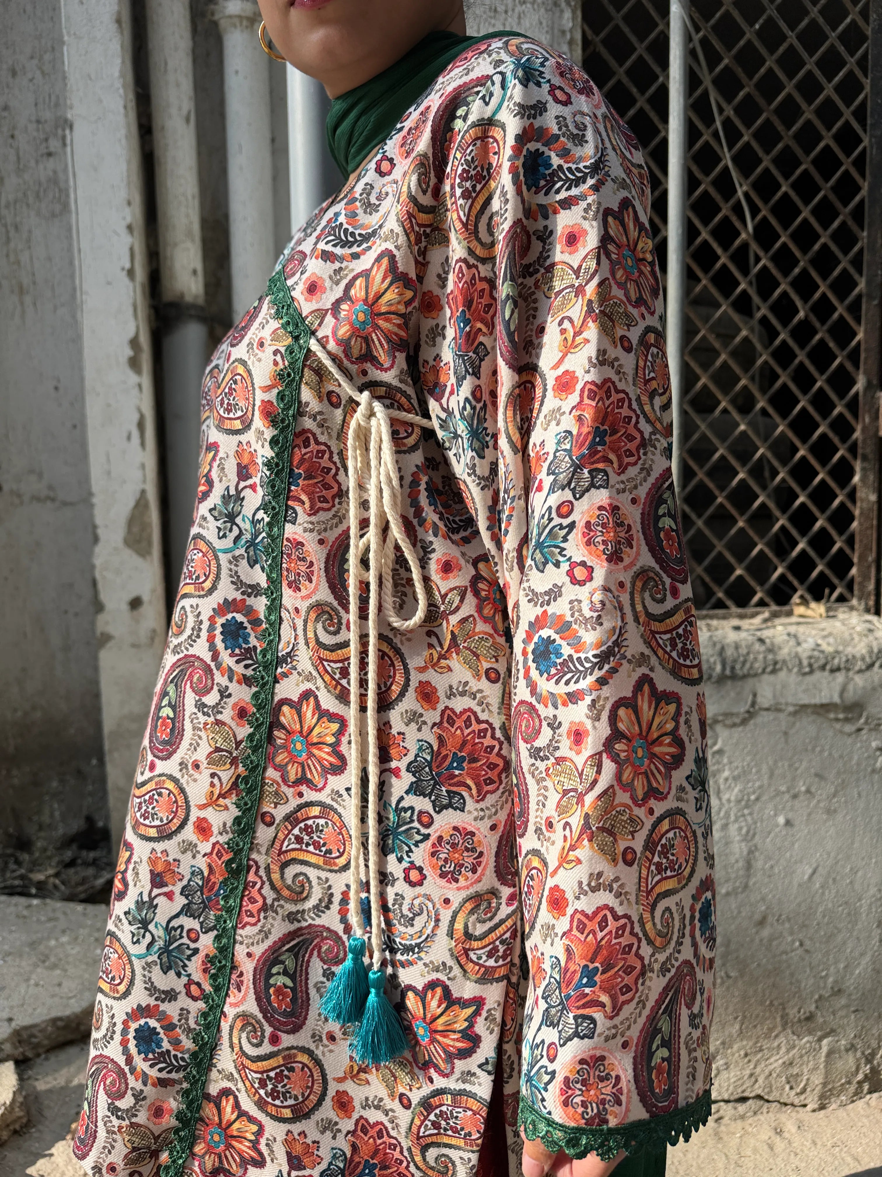 Mogra Winter Pashmina Farshi Set by Pyoor featuring offwhite Angrakha kurta and green dupatta