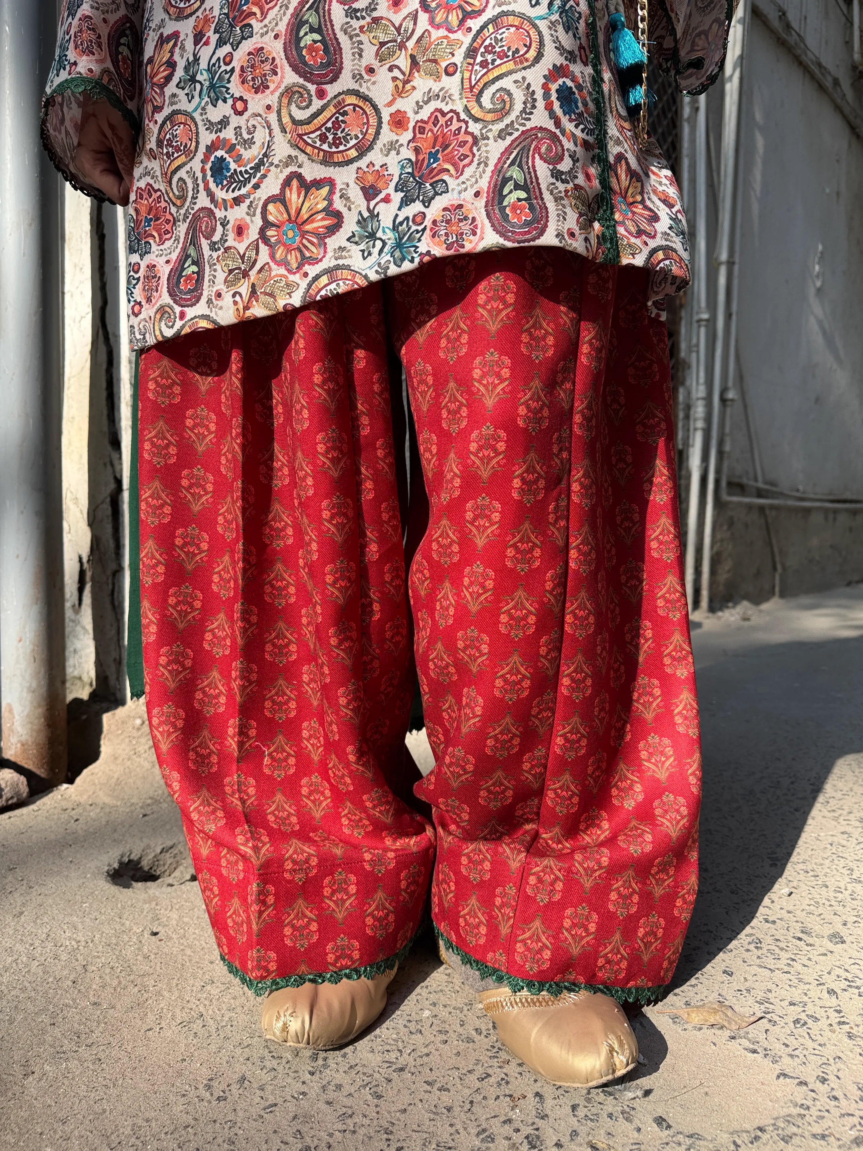 Pyoor Mogra Winter Pashmina Farshi Set in oversized Angrakha fit with block printed salwar