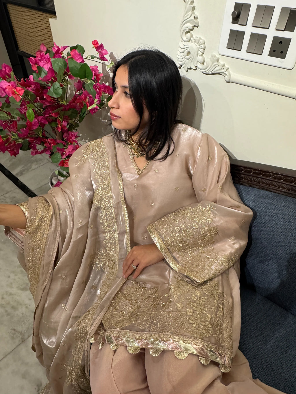 Nazakhat Embellished Farshi Suit Set by Pyoor in tissue fabric with elegant zari details