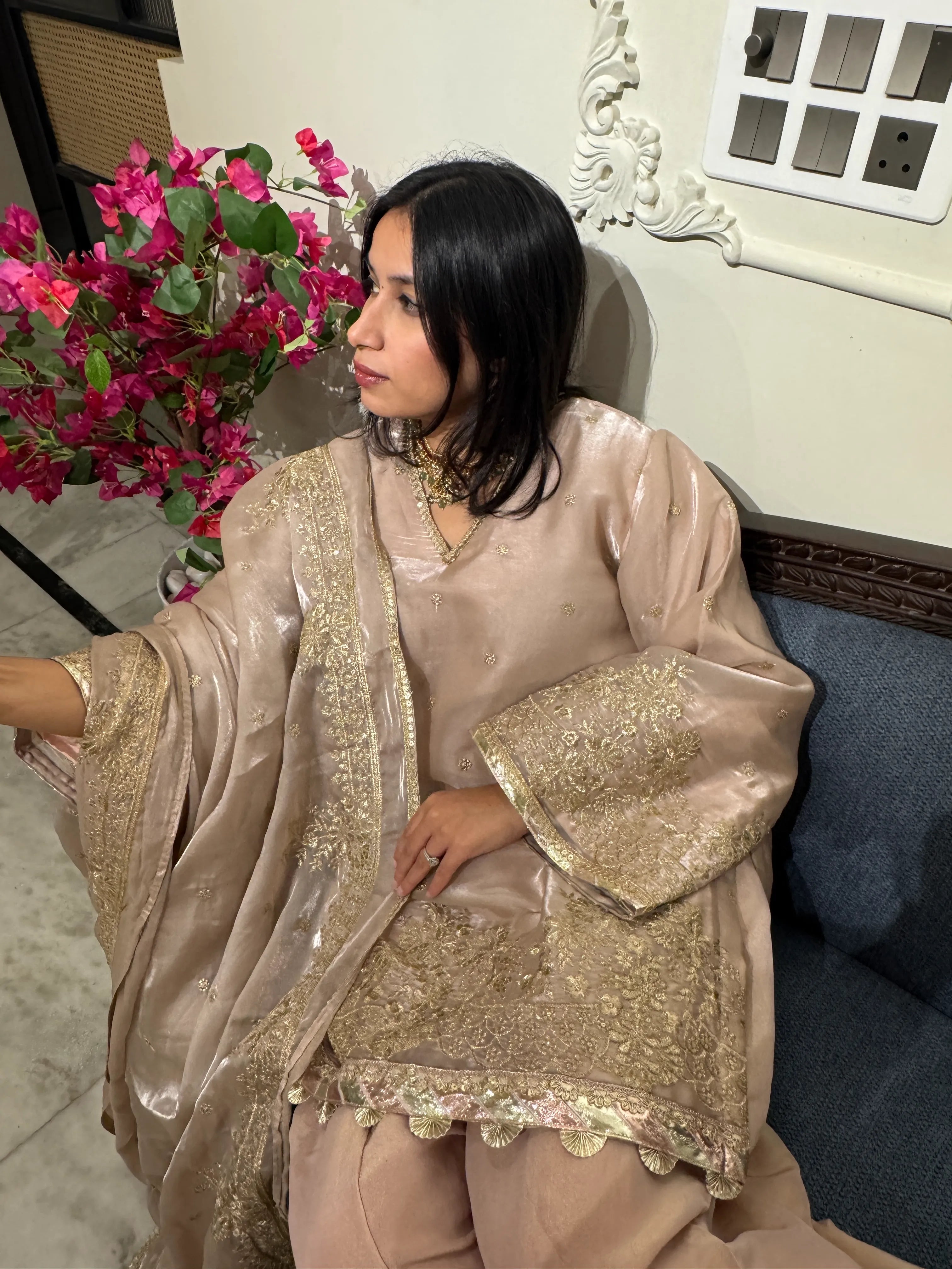 Nazakhat Embellished Farshi Suit Set by Pyoor in tissue fabric with elegant zari details