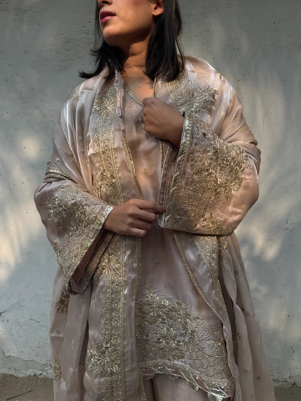 Pyoor Nazakhat Embellished Farshi Suit Set with soft tissue fall and festive detailing