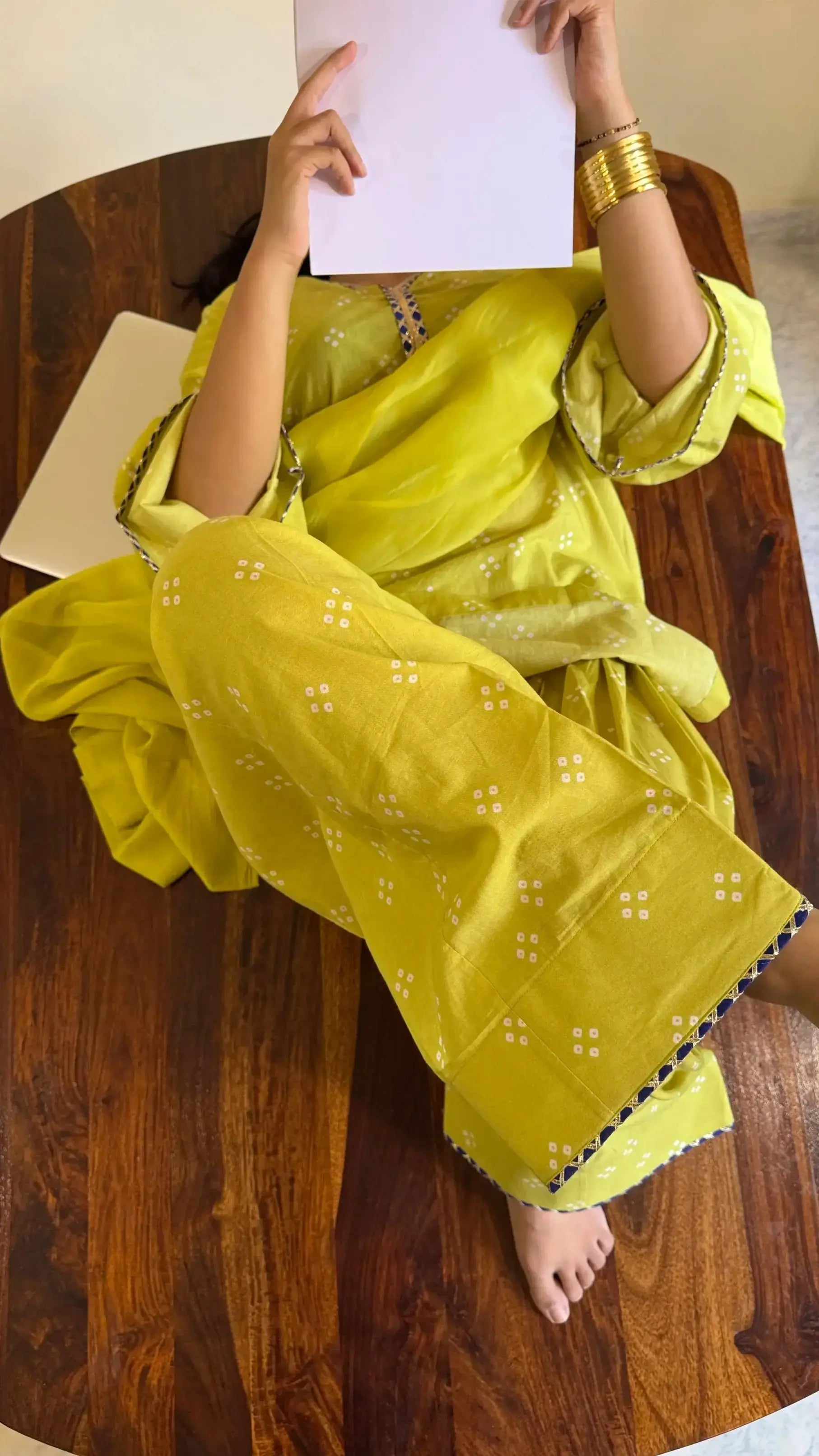 Noor Bandhani Farshi Set by Pyoor in lime mehendi with organza dupatta and lace details.