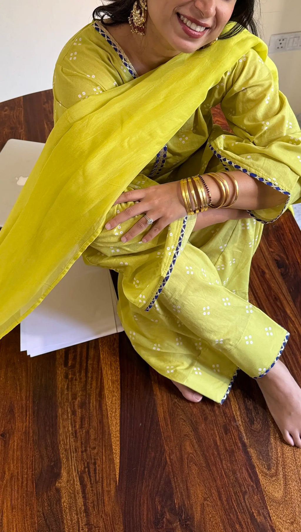 Pyoor’s Noor Bandhani Farshi Set in lime mehendi, designed for comfort and festive charm.